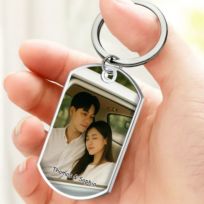 One-of-a-Kind Photo Keychain for Couples - Custom Name Engraved Drive Safe Keychain - 89Prints