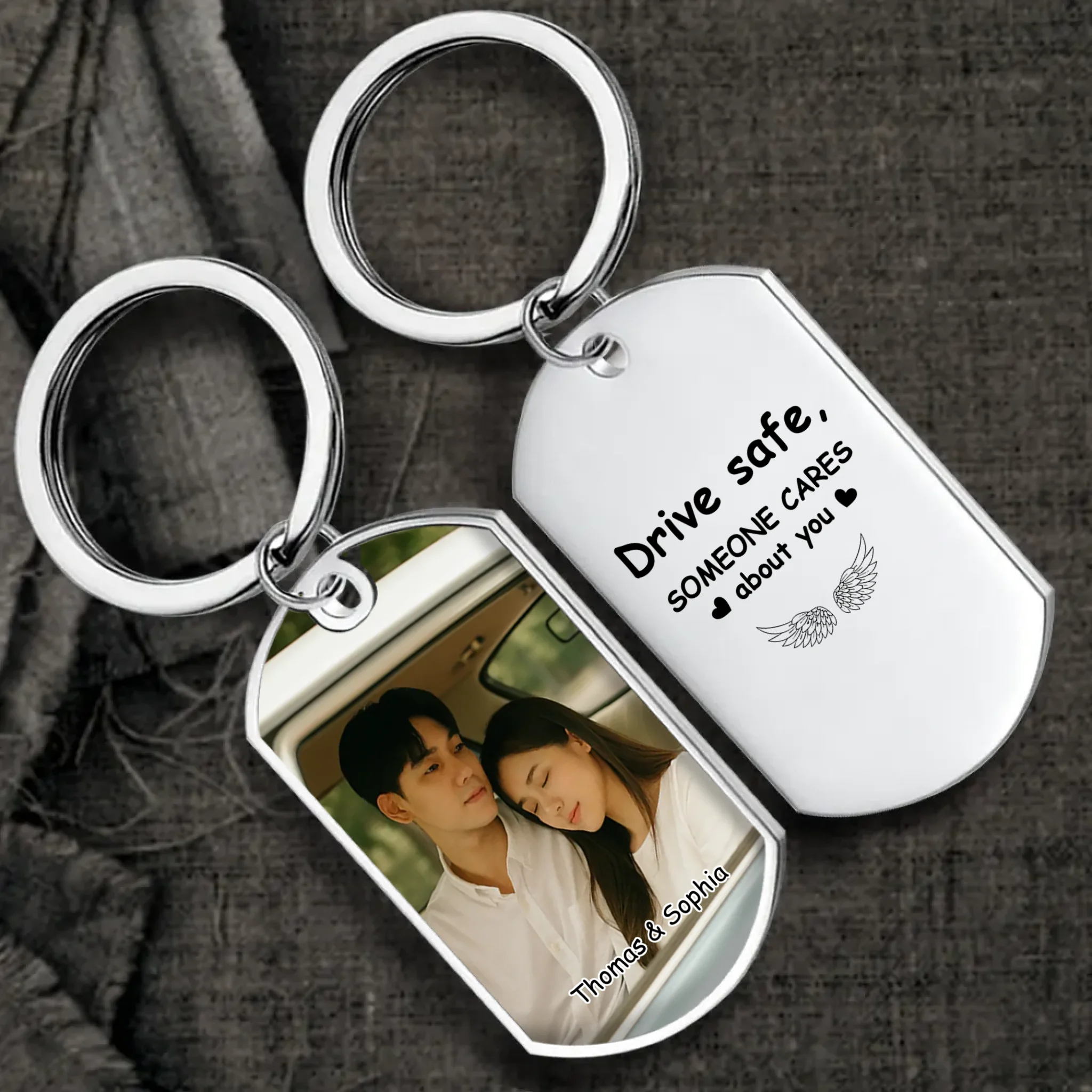One-of-a-Kind Photo Keychain for Couples - Custom Name Engraved Drive Safe Keychain - 89Prints