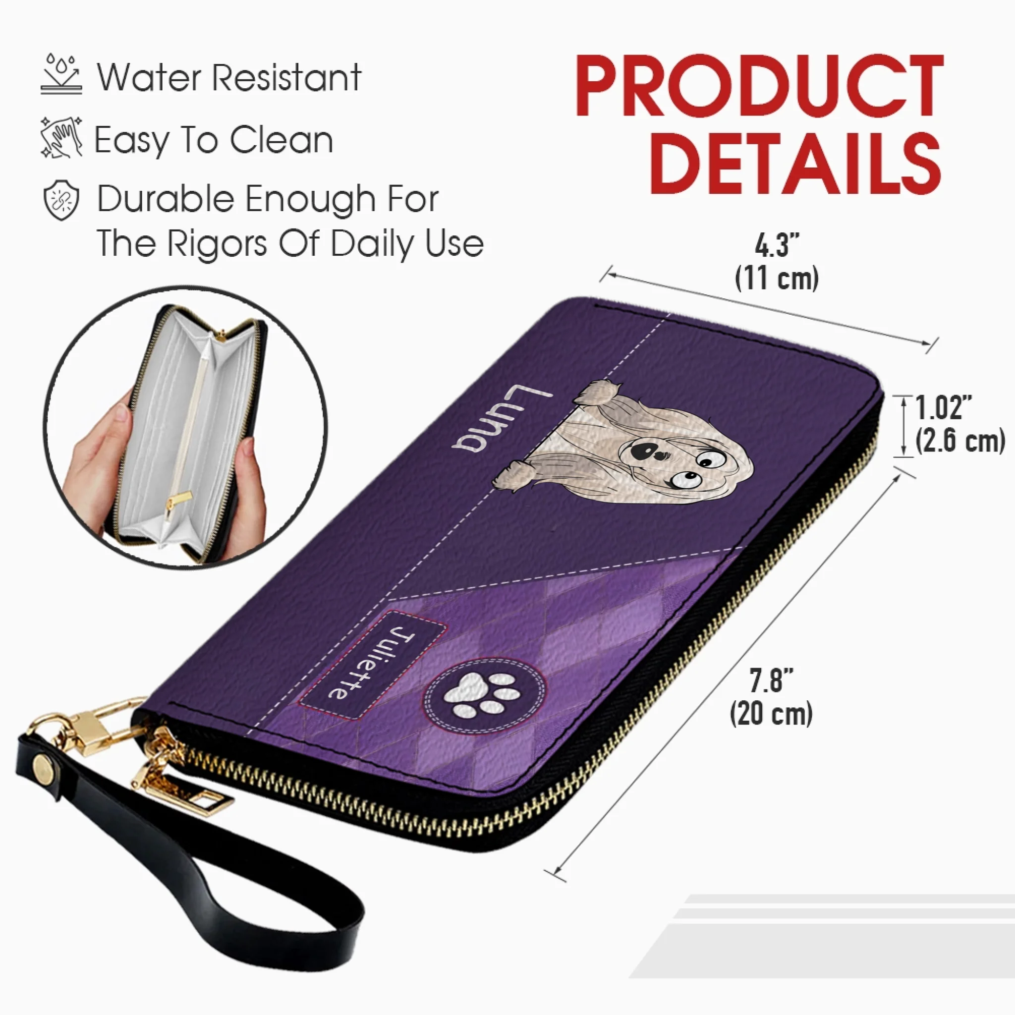 Personalized Pet Portrait Zip-Around Wallet - Custom Name Leather Clutch - 89Prints