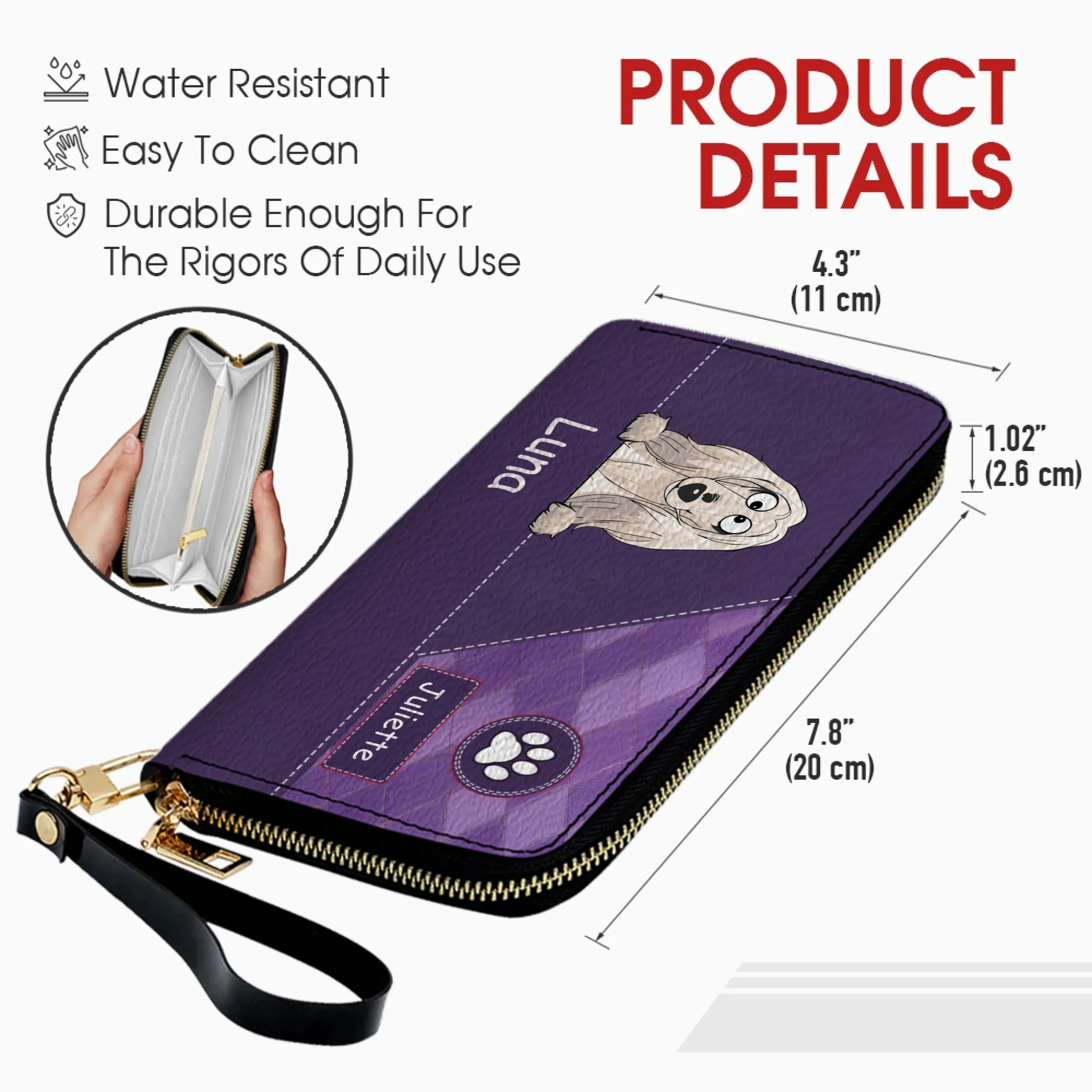 Personalized Pet Portrait Zip-Around Wallet - Custom Name Leather Clutch - 89Prints