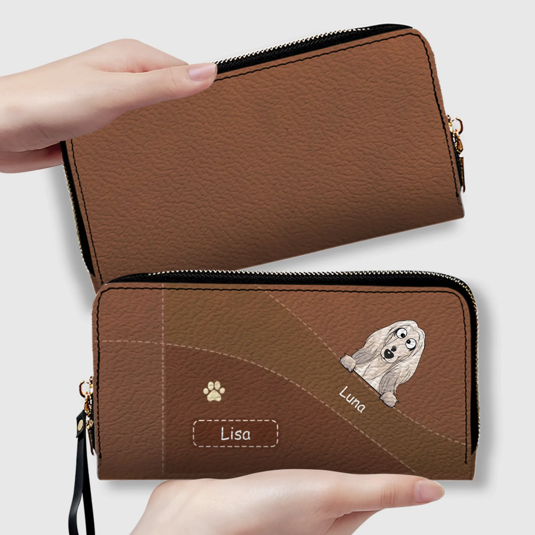 Personalized Dog Leather Wallet With Multiple Dogs Names, Color Options, Cute Cartoon Pets & Text - 89Prints