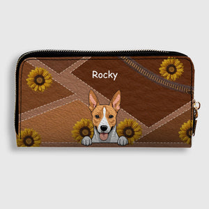 Personalize Sunflower Pattern Leather Wallet - Customize Your Dog Name and Dog Clipart - 89Prints