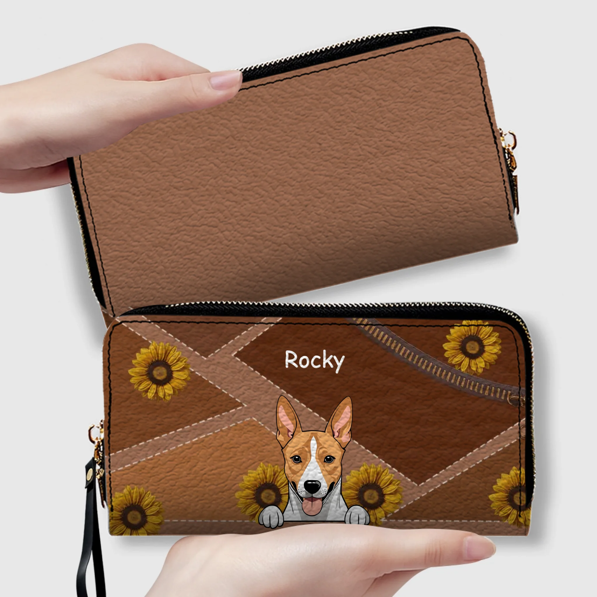 Personalize Sunflower Pattern Leather Wallet - Customize Your Dog Name and Dog Clipart - 89Prints