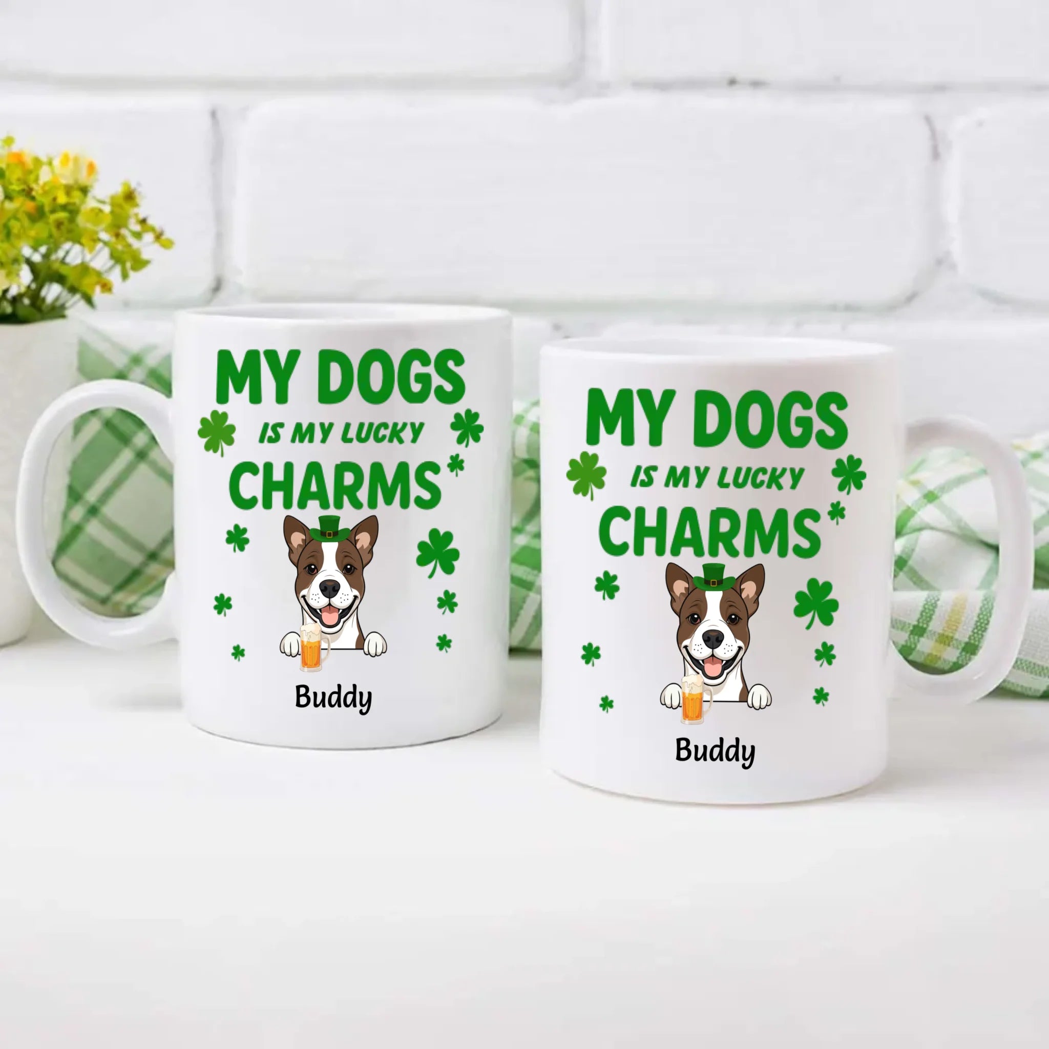 St. Patrick’s Day Custom Dog Mug – Personalized 1–3 Dogs with Shamrock – My Dogs Are My Lucky Charm – 89Prints