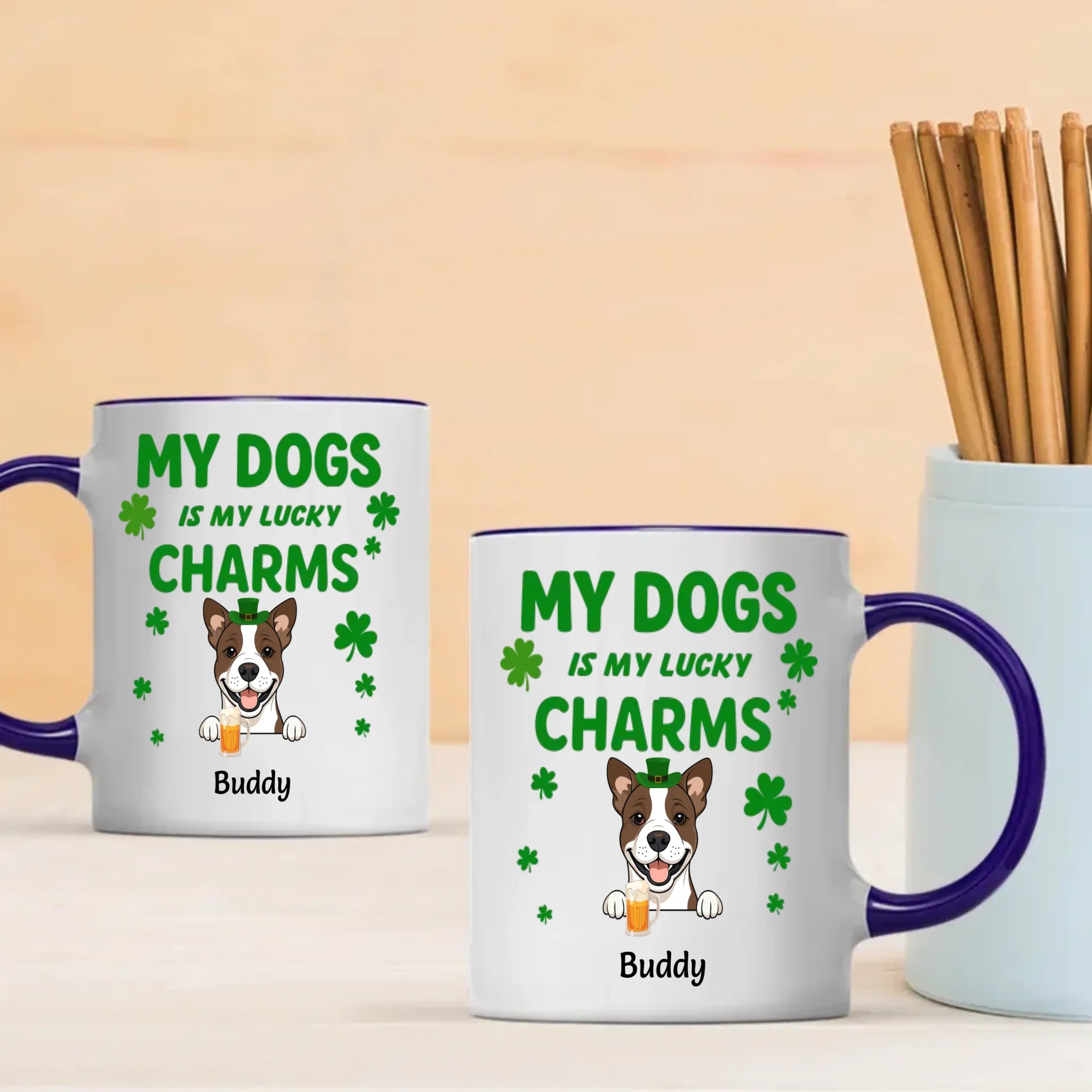 St. Patrick’s Day Custom Dog Mug – Personalized 1–3 Dogs with Shamrock – My Dogs Are My Lucky Charm – 89Prints