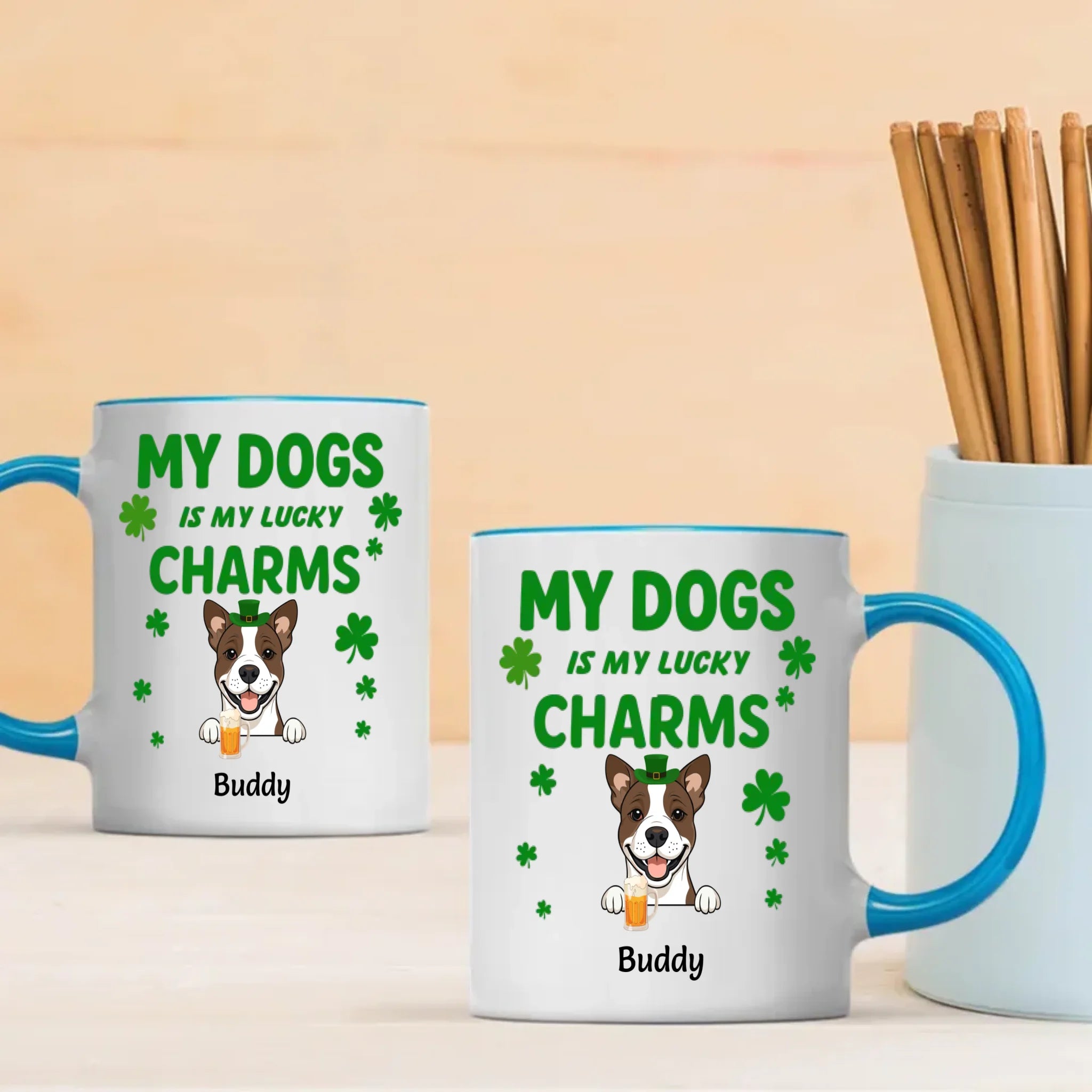 St. Patrick’s Day Custom Dog Mug – Personalized 1–3 Dogs with Shamrock – My Dogs Are My Lucky Charm – 89Prints