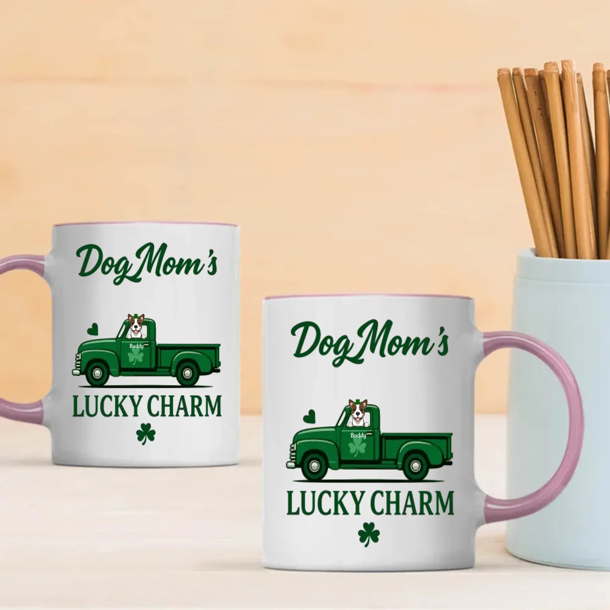 Dog Mom’s Lucky Charm Mug – Personalized Green Truck Cup with Dog Graphic - 89Prints