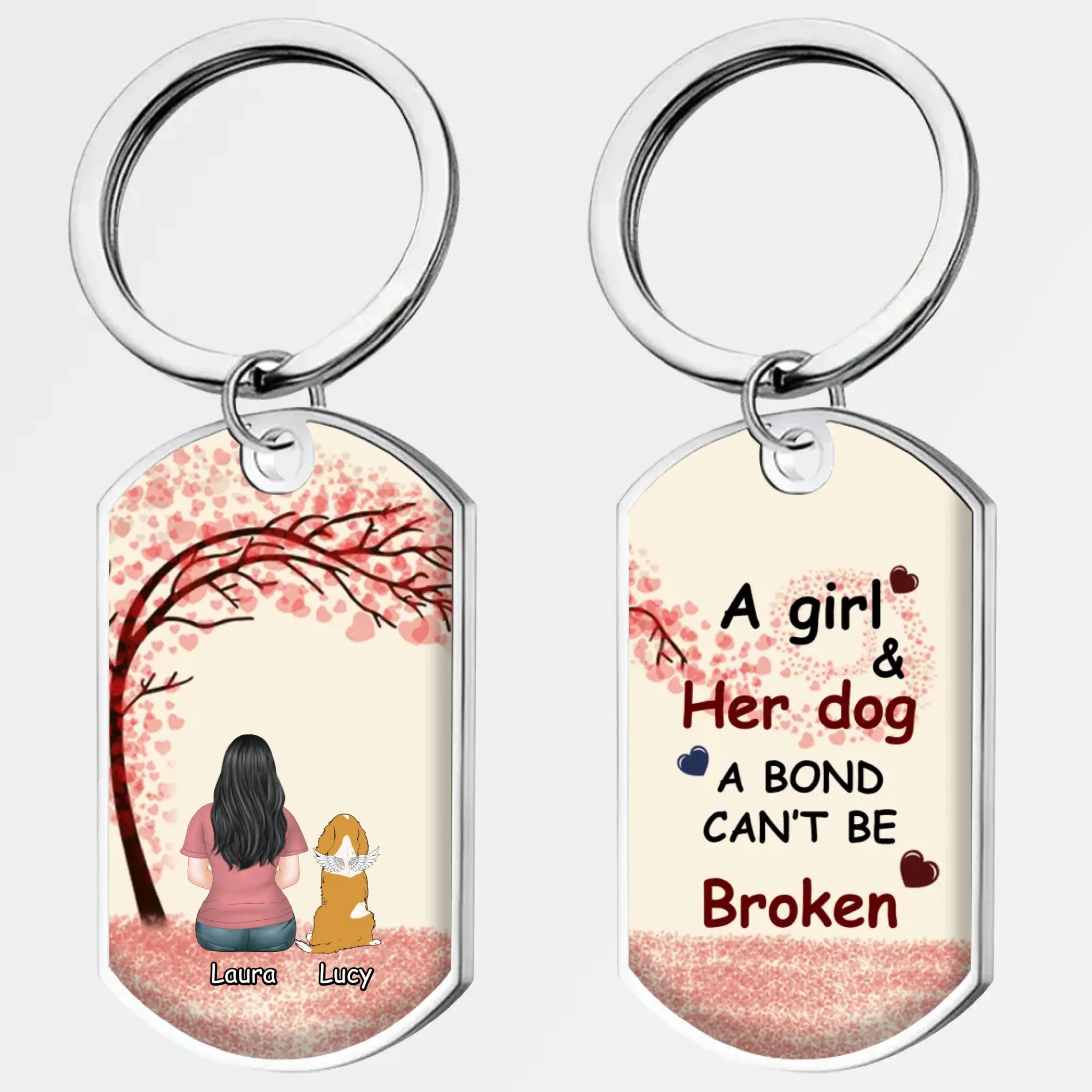 Custom Girl & Dog Illustration Keychain – “A Girl & Her Dog A Bond Can’t Be Broken” with Personalized Names - 89Prints