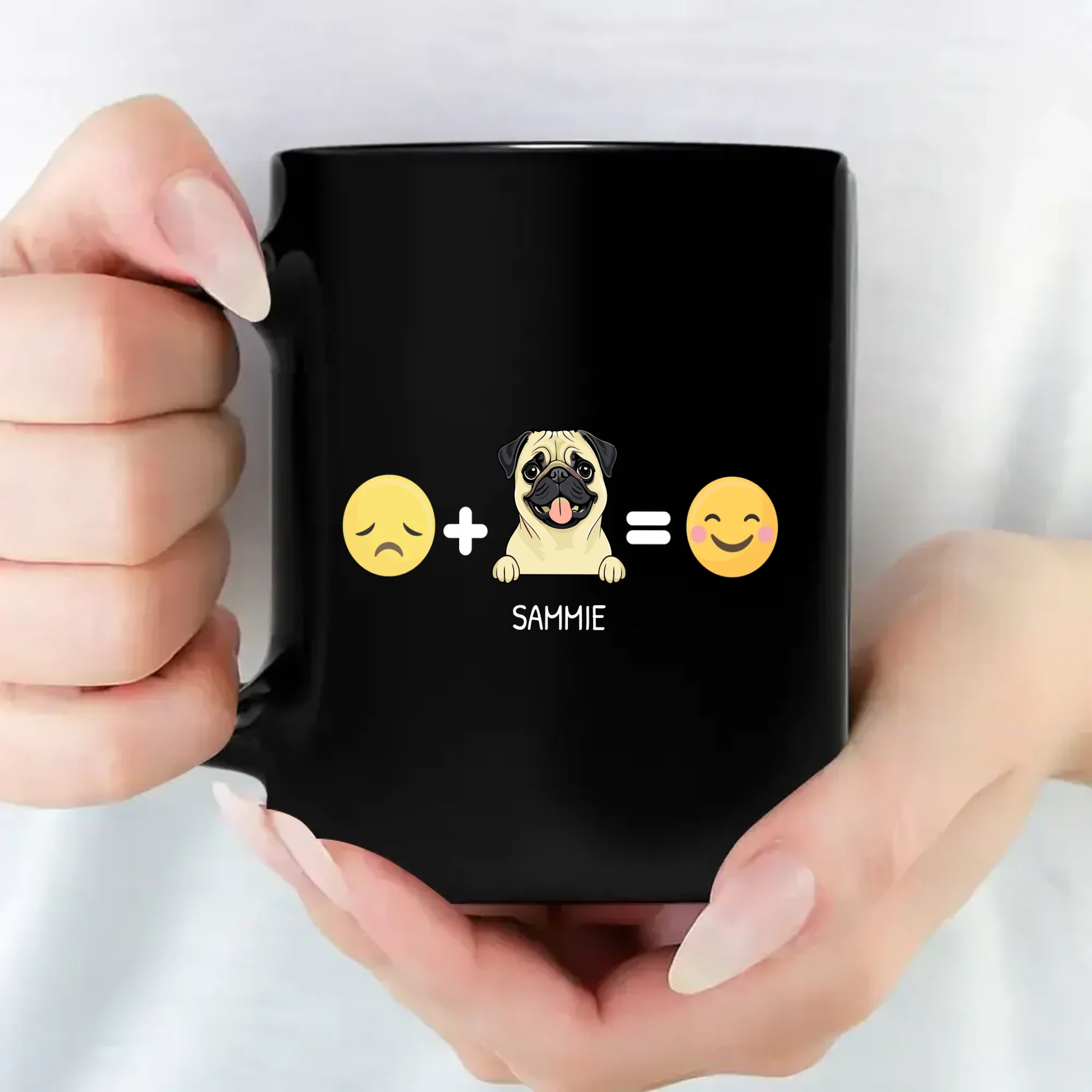 Emotional Pet Black Mug With Sad + Pet = Happy Design, Personalized Name - 89Prints