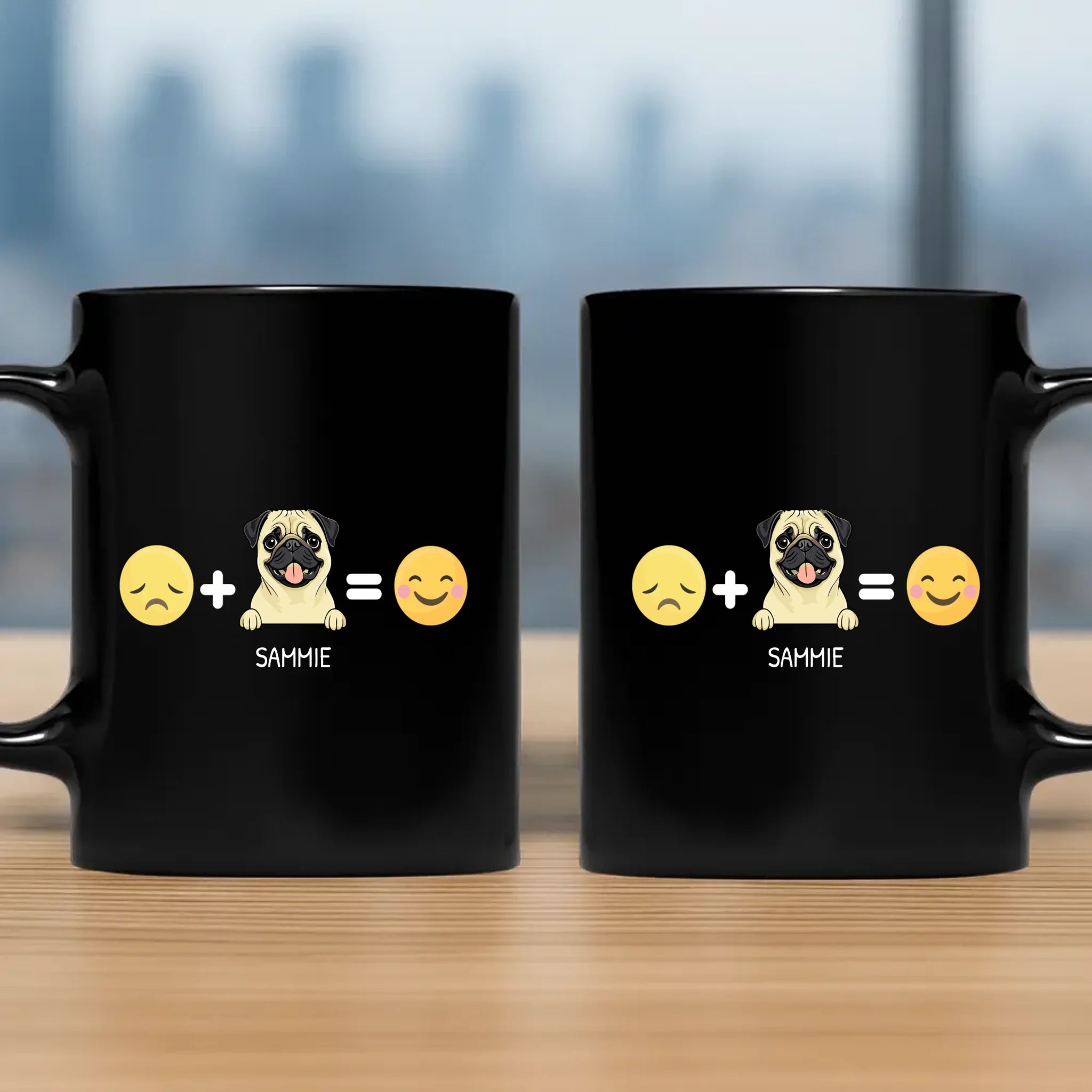 Emotional Pet Black Mug With Sad + Pet = Happy Design, Personalized Name - 89Prints