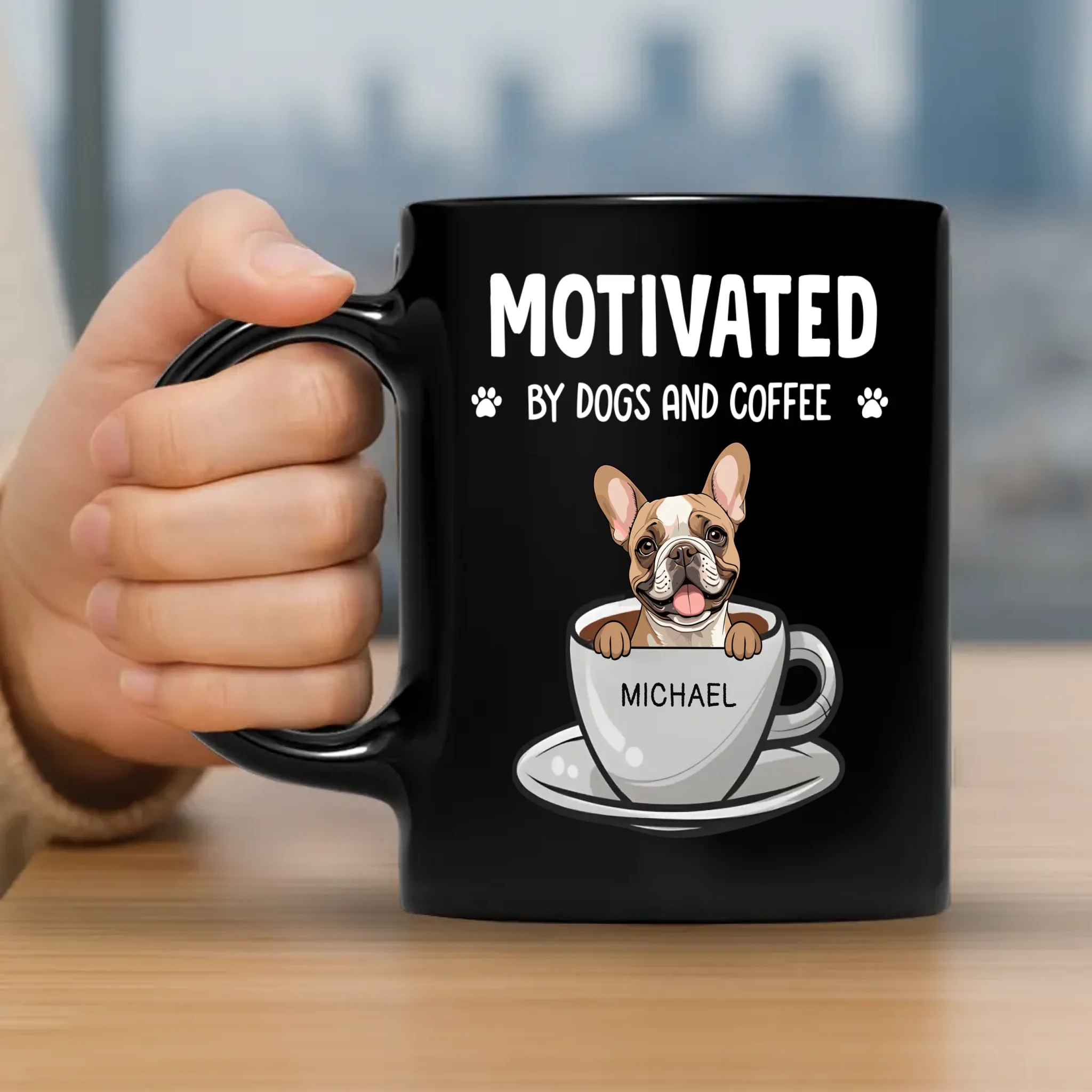 Individualized Dog Mug “Motivated By Dogs And Coffee” - 89Prints