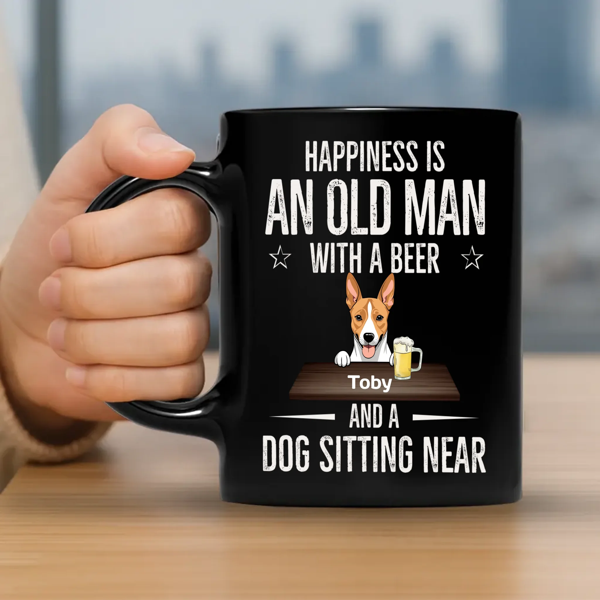 Playful Dog Mug - Happiness Is An Old Man With A Beer And A Dog Sitting Near - 89Prints