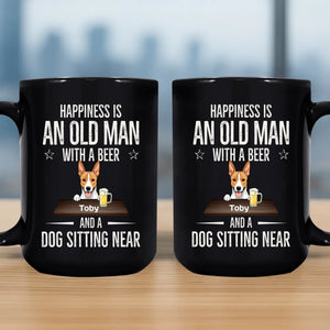 Playful Dog Mug - Happiness Is An Old Man With A Beer And A Dog Sitting Near - 89Prints