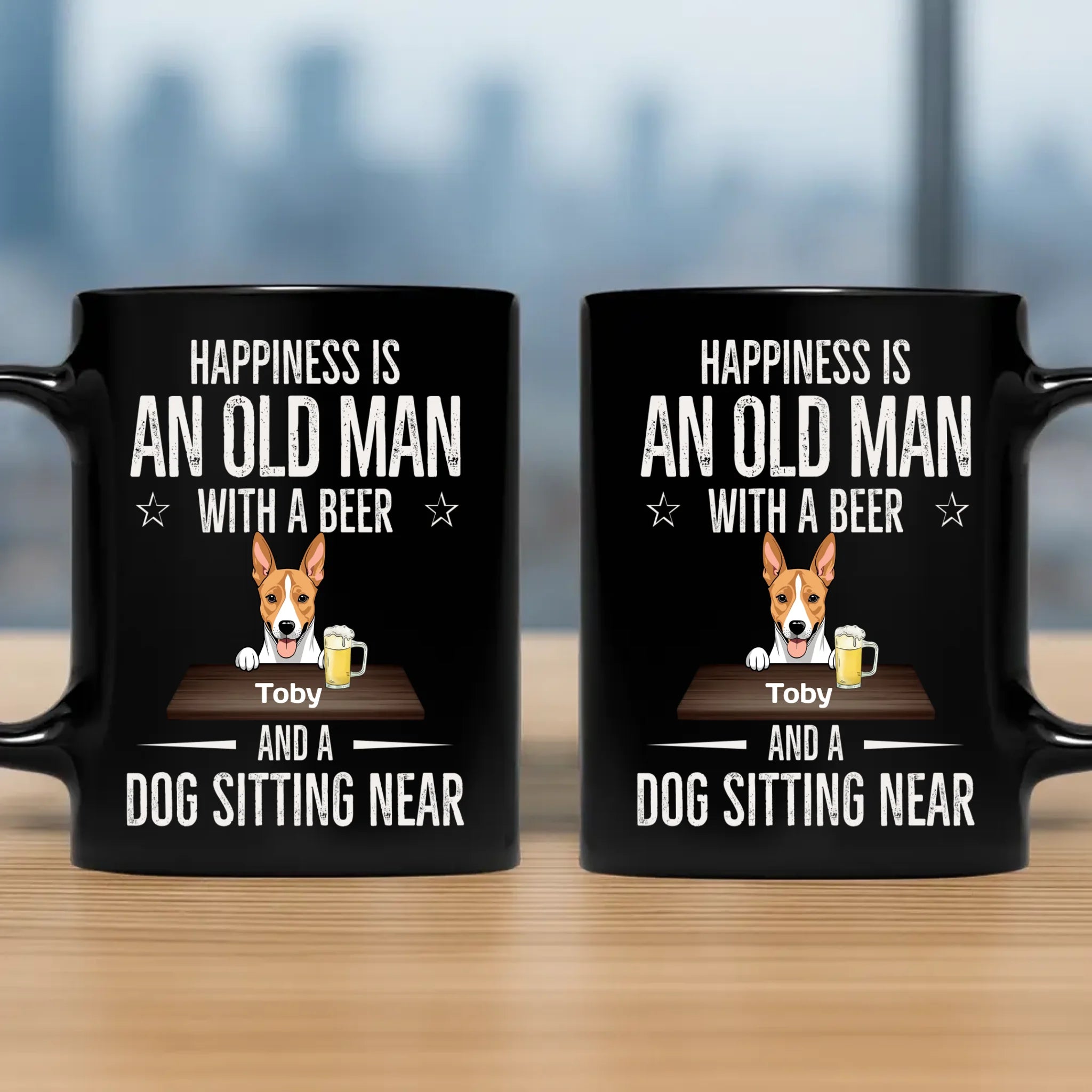 Playful Dog Mug - Happiness Is An Old Man With A Beer And A Dog Sitting Near - 89Prints