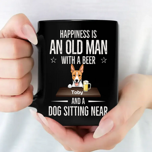 Playful Dog Mug - Happiness Is An Old Man With A Beer And A Dog Sitting Near - 89Prints