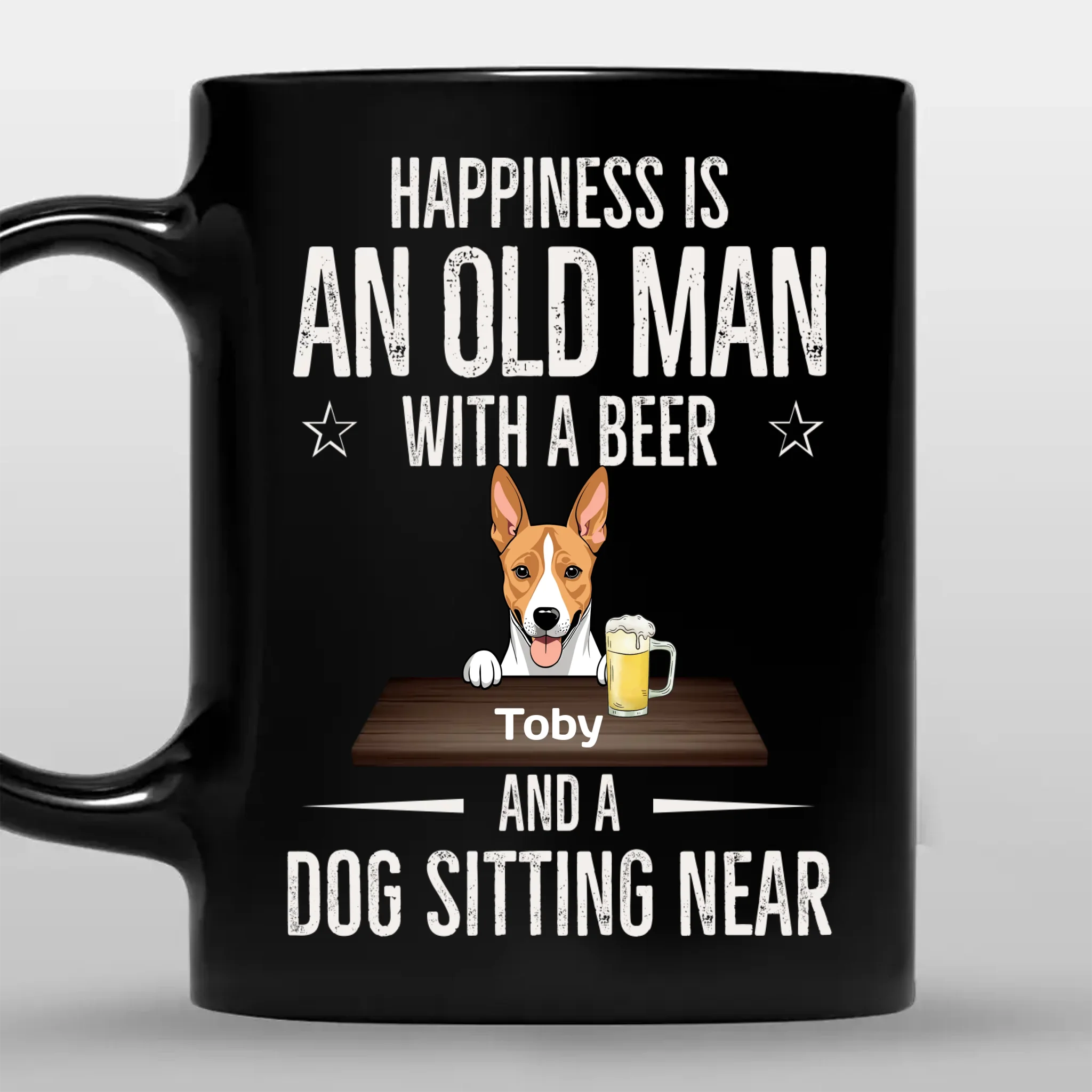 Playful Dog Mug - Happiness Is An Old Man With A Beer And A Dog Sitting Near - 89Prints