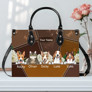 Custom Dog Art & Names for Dog Sitters - Vintage Rose Leather Handbag - 89Prints