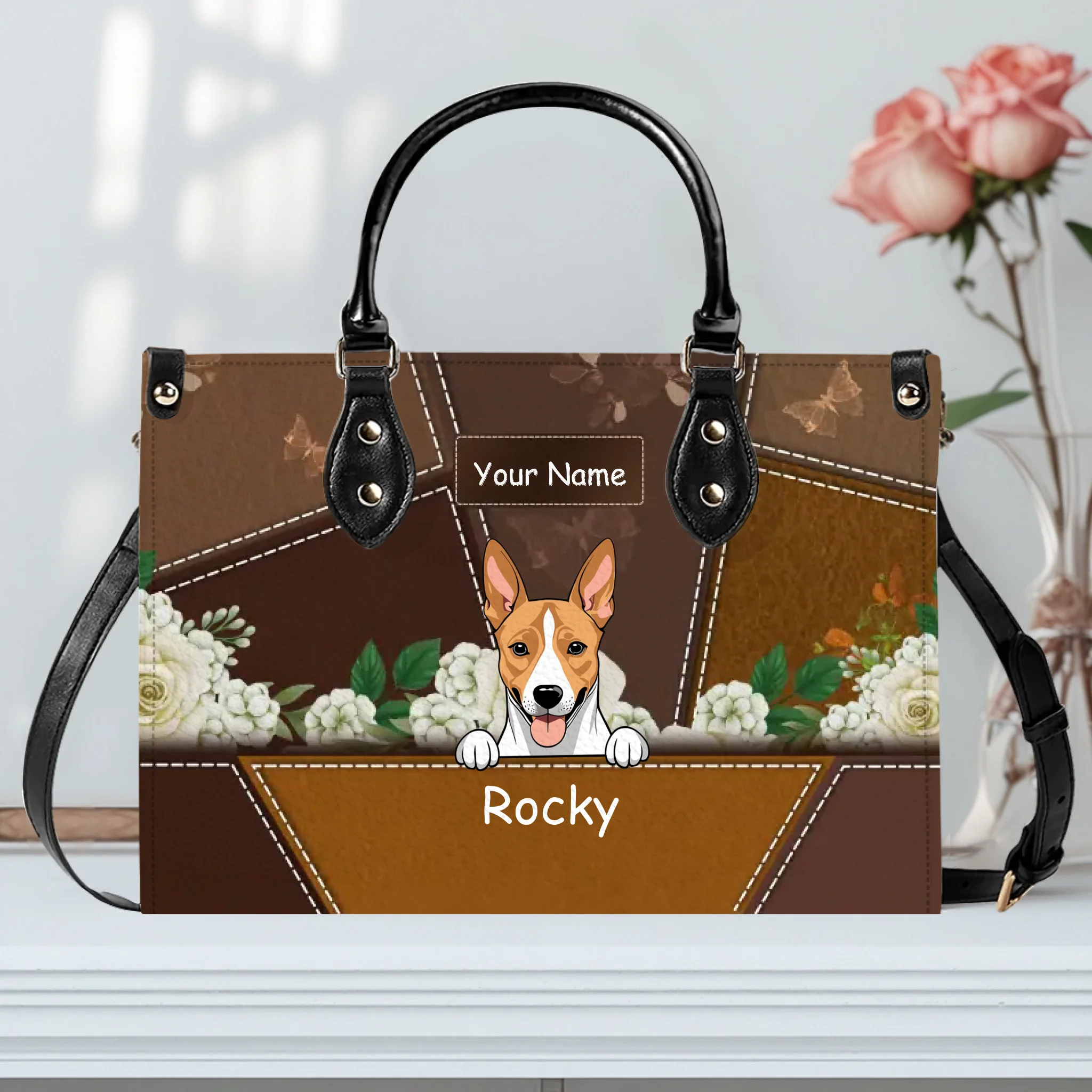 Custom Dog Art & Names for Dog Sitters - Vintage Rose Leather Handbag - 89Prints