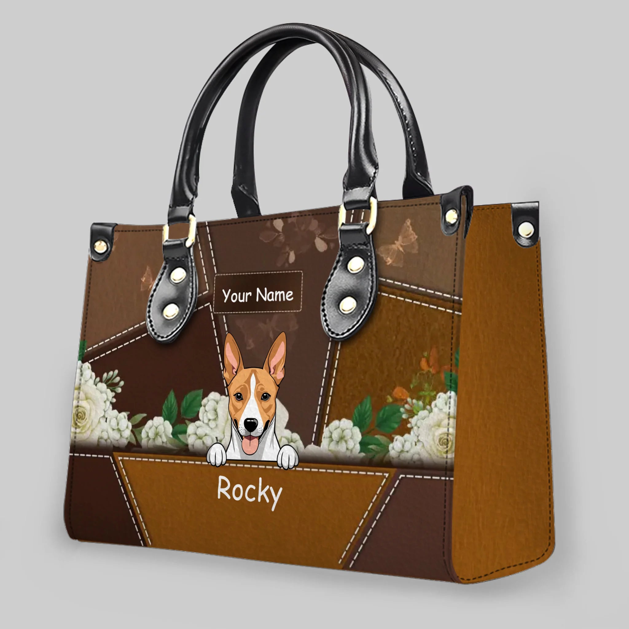 Custom Dog Art & Names for Dog Sitters - Vintage Rose Leather Handbag - 89Prints