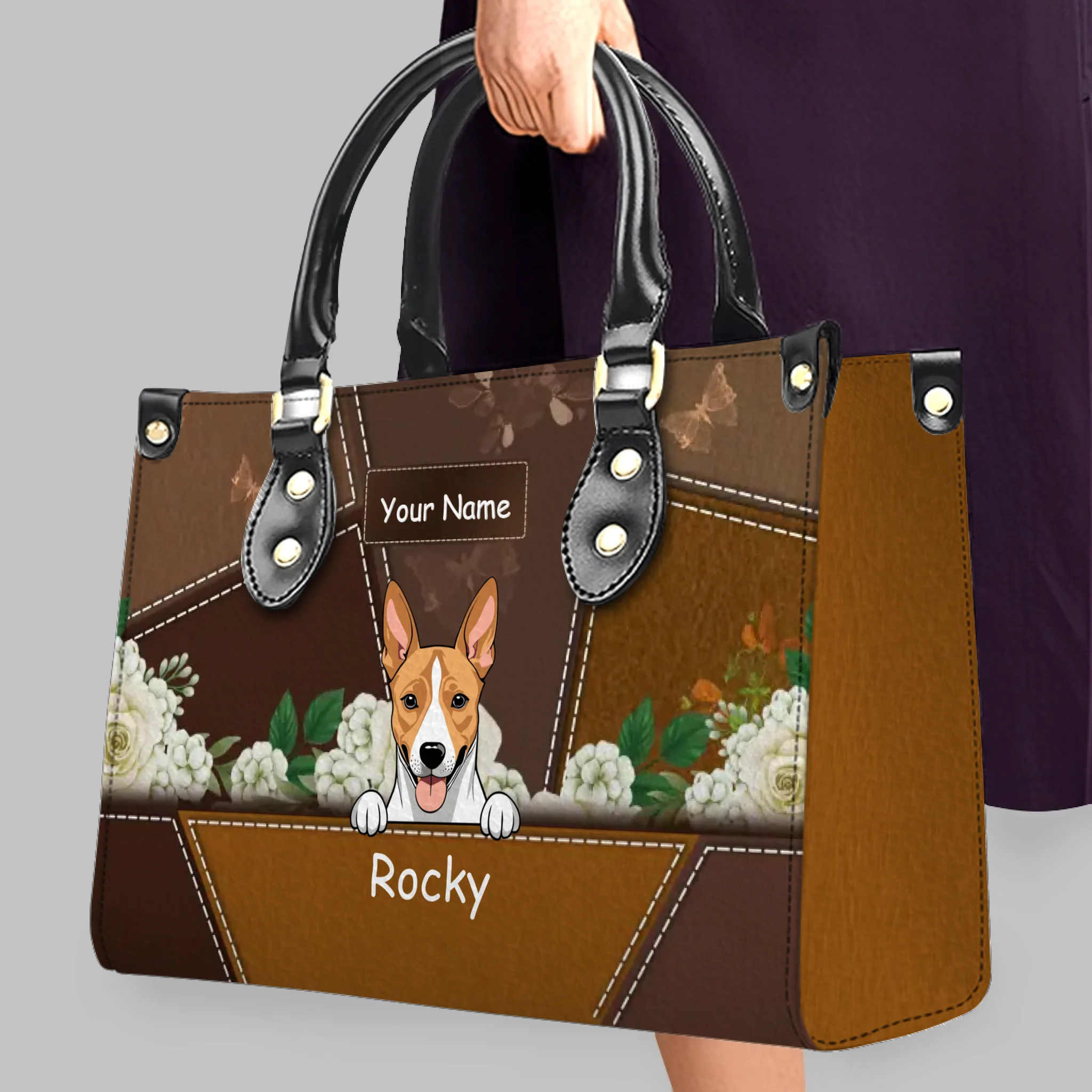 Custom Dog Art & Names for Dog Sitters - Vintage Rose Leather Handbag - 89Prints