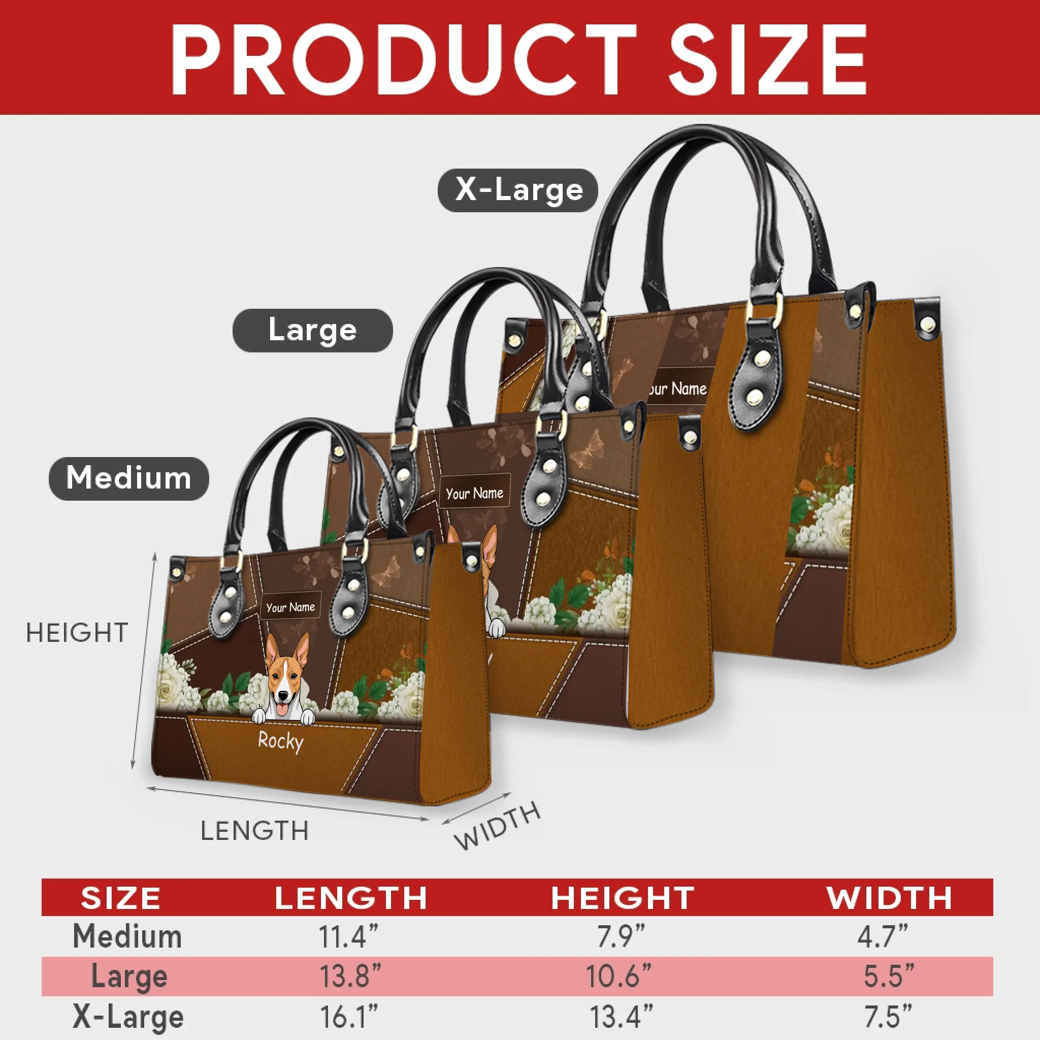 Custom Dog Art & Names for Dog Sitters - Vintage Rose Leather Handbag - 89Prints