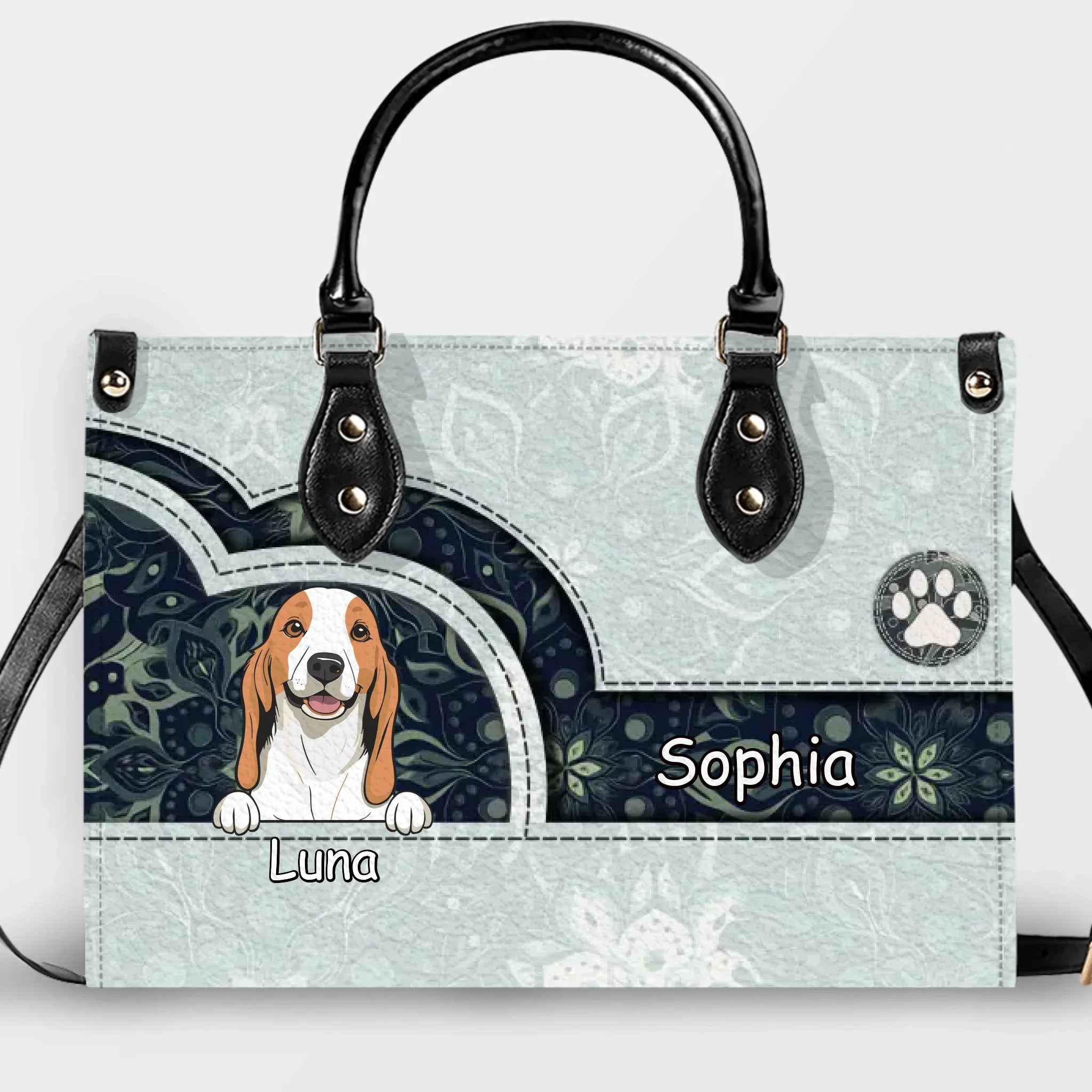 Elegant Light Green Paisley Handbag - Custom Multi-Pet Art & Names - 89Prints