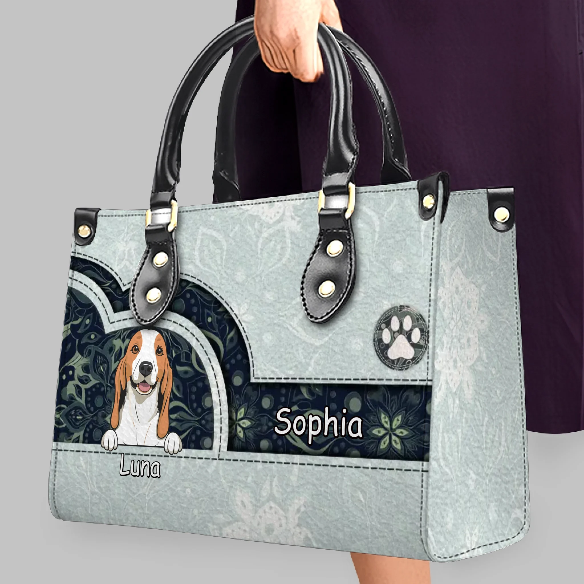Elegant Light Green Paisley Handbag - Custom Multi-Pet Art & Names - 89Prints