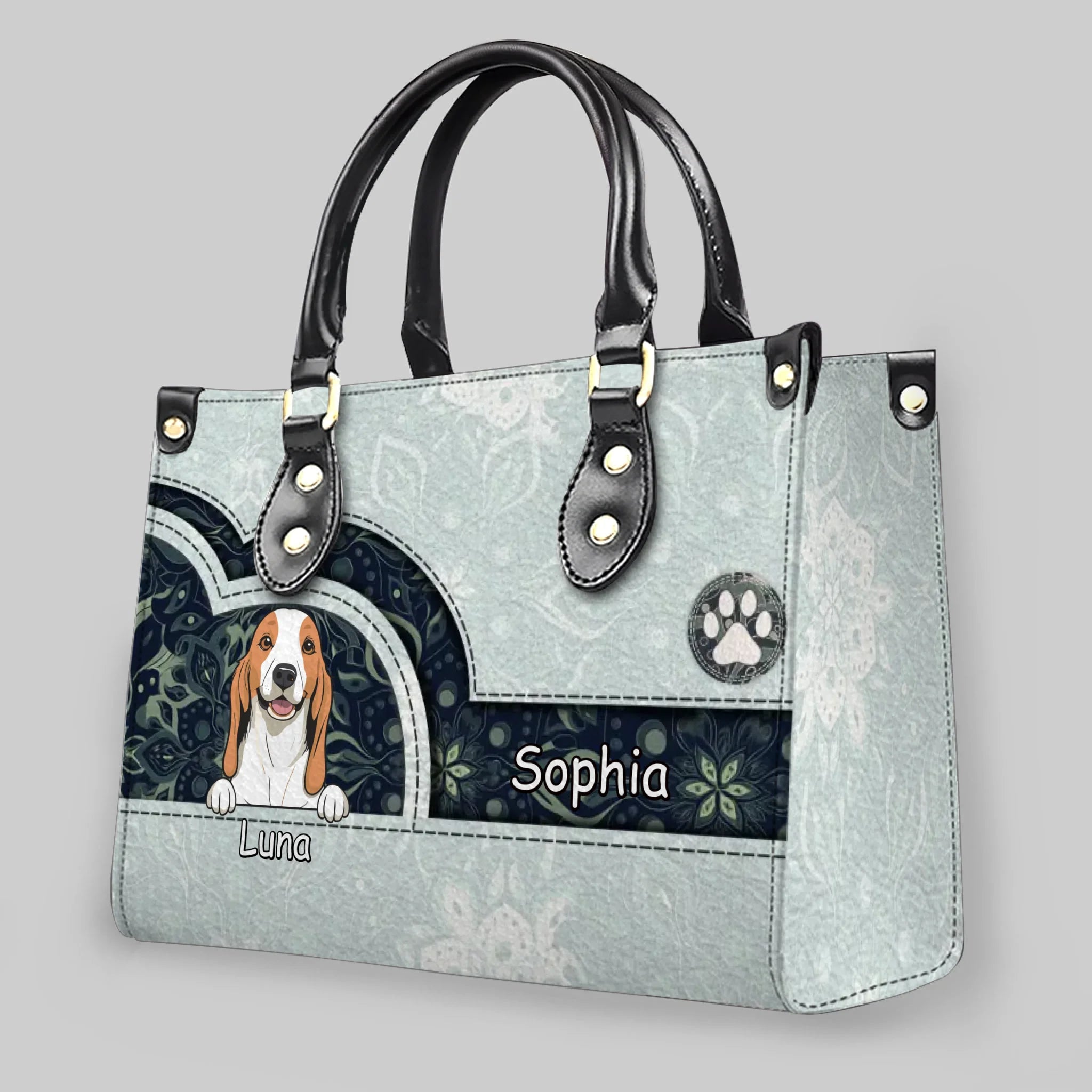 Elegant Light Green Paisley Handbag - Custom Multi-Pet Art & Names - 89Prints