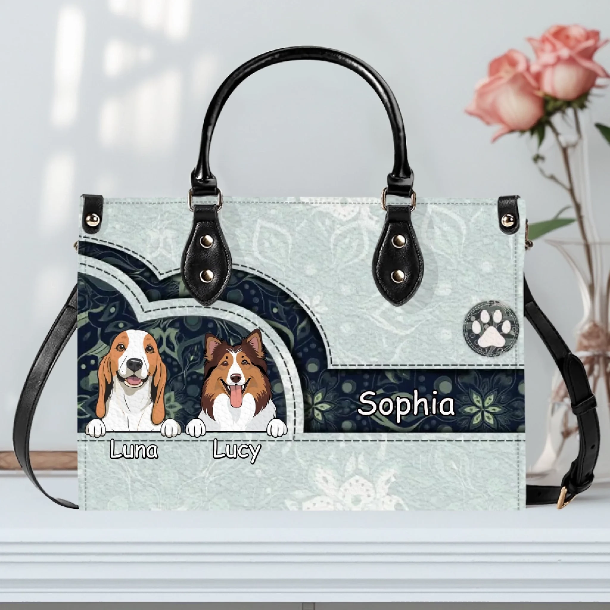 Elegant Light Green Paisley Handbag - Custom Multi-Pet Art & Names - 89Prints