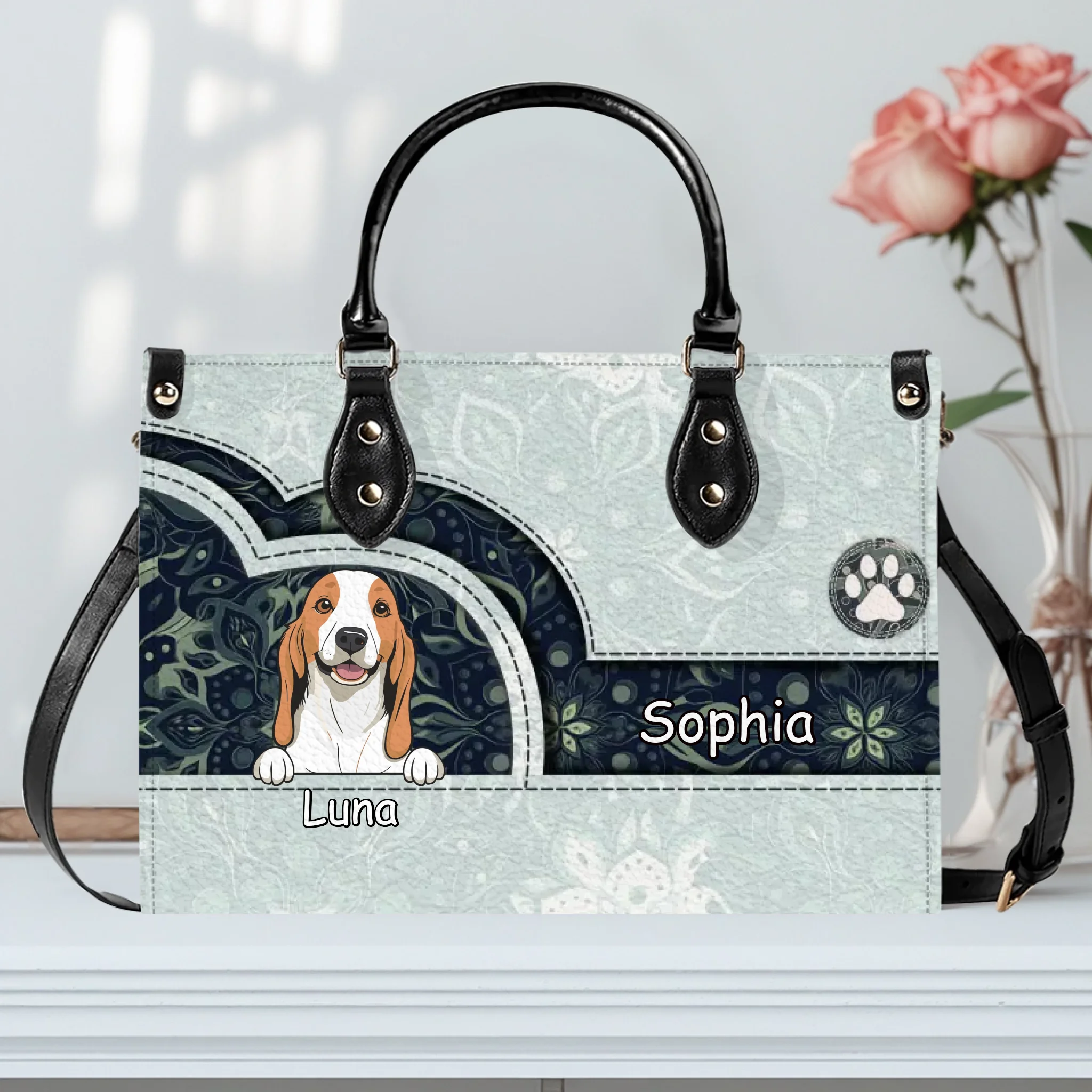 Elegant Light Green Paisley Handbag - Custom Multi-Pet Art & Names - 89Prints