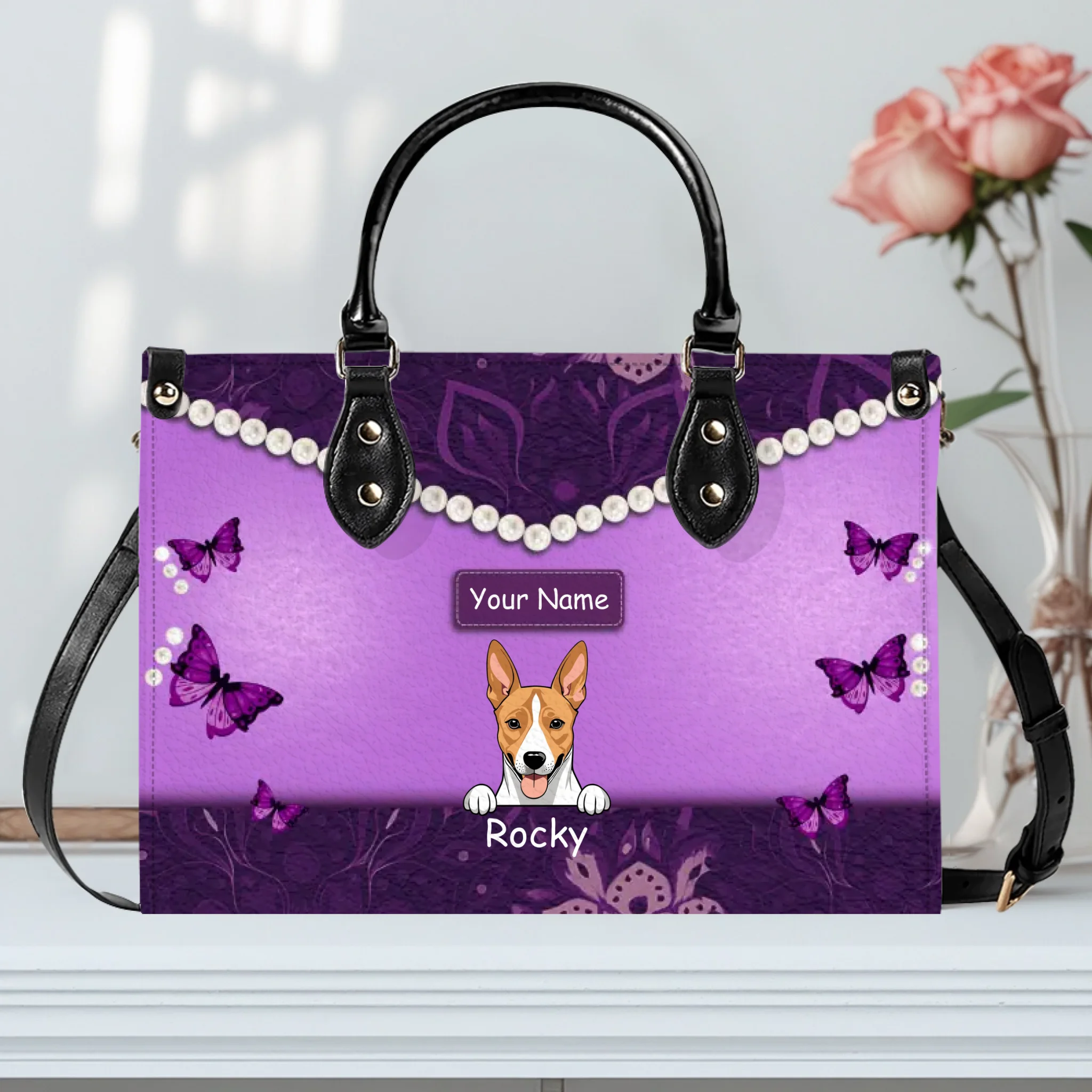 Floral & Artistic Patterned Leather Handbag – Individualized Multiple Pet Arts and Names - 89Prints