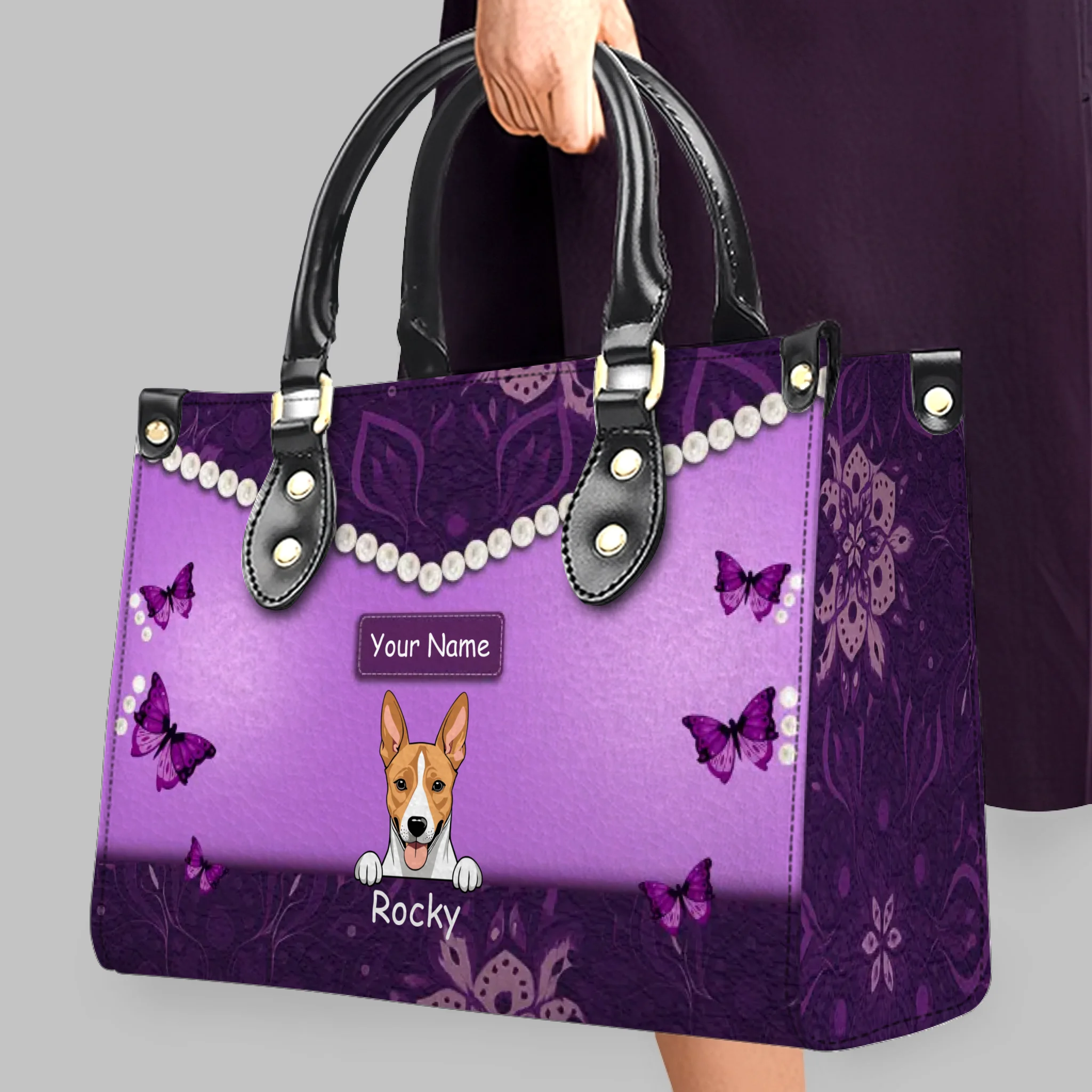 Floral & Artistic Patterned Leather Handbag – Individualized Multiple Pet Arts and Names - 89Prints