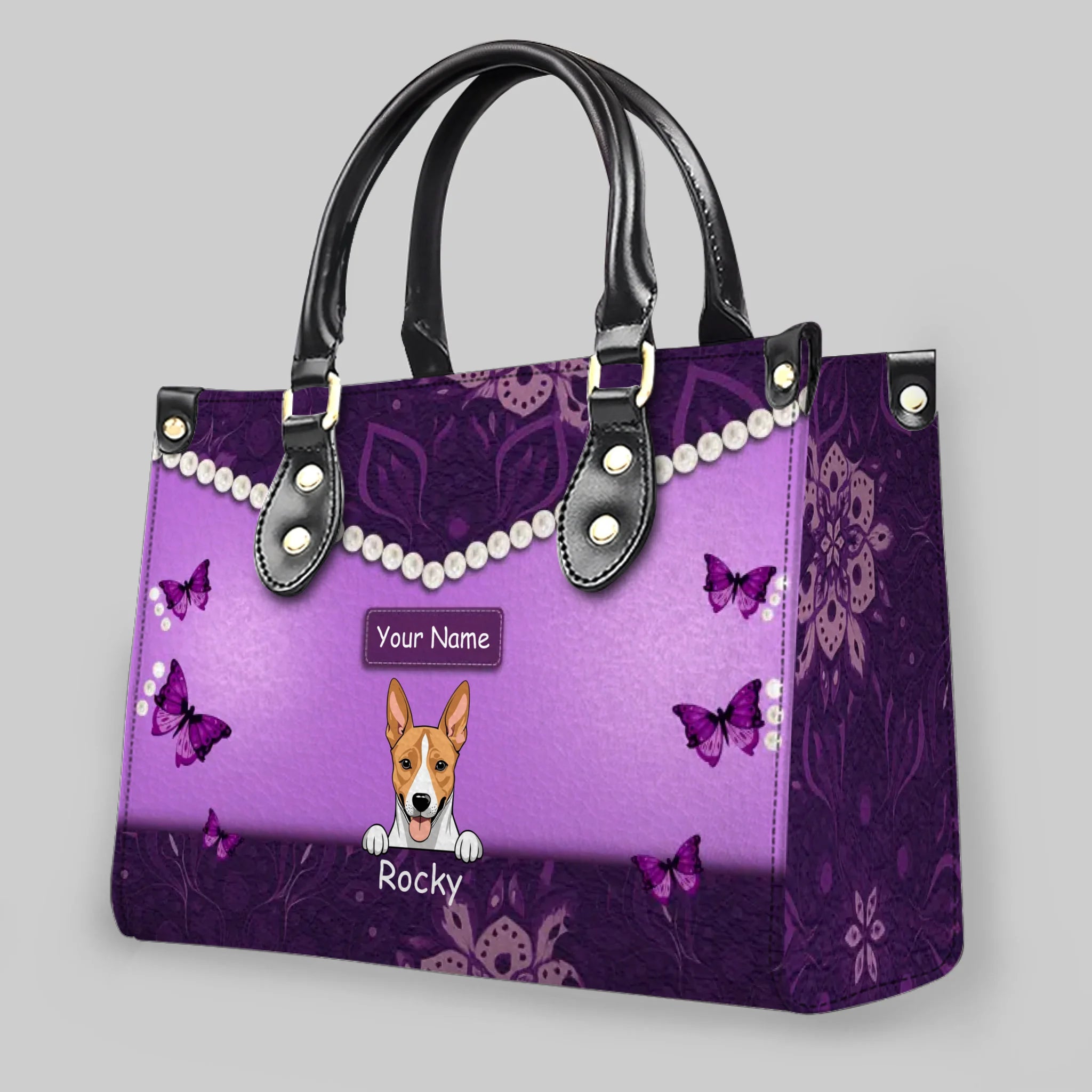Floral & Artistic Patterned Leather Handbag – Individualized Multiple Pet Arts and Names - 89Prints