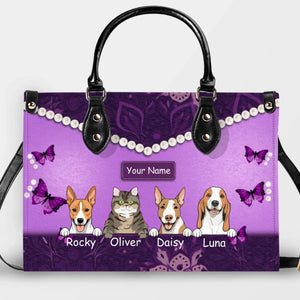 Floral & Artistic Patterned Leather Handbag – Individualized Multiple Pet Arts and Names - 89Prints