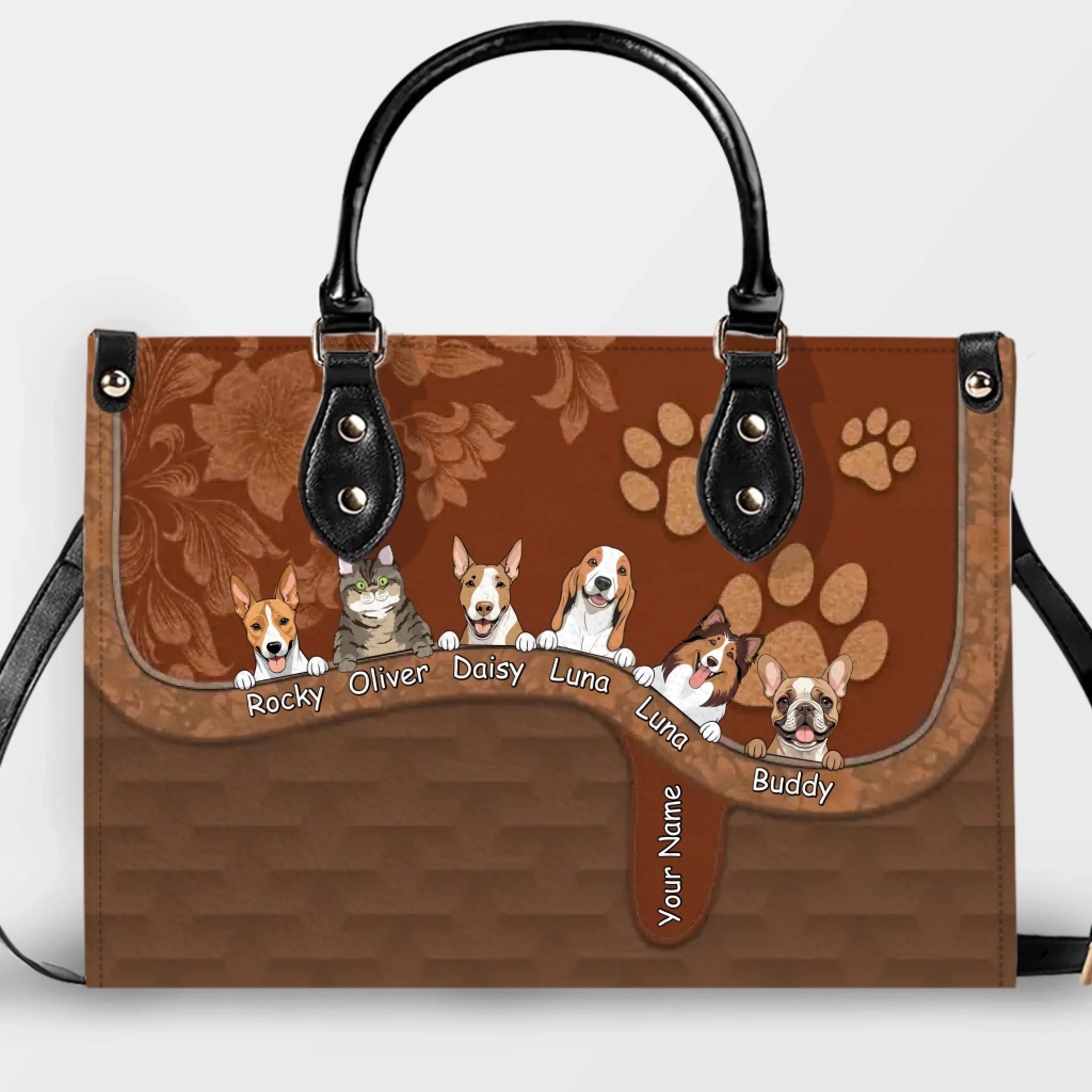 Ornate Paisley & Marble Textured Handbag – Tailor Multiple Pet Illustrations and Names - 89Prints