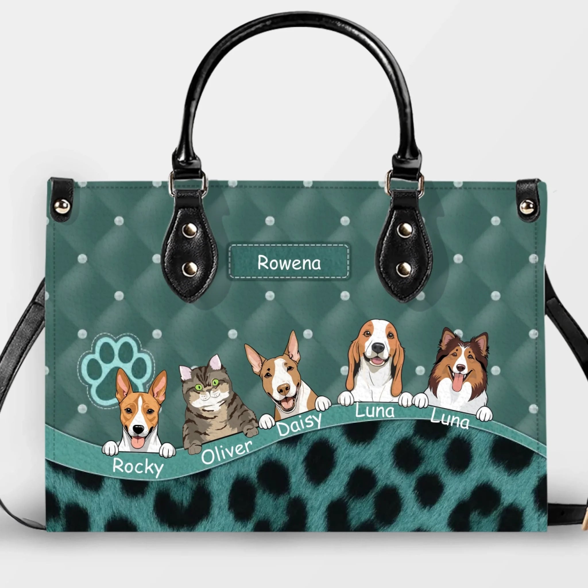 Quilted Pattern, Polka Dot & Leopard Print Handbag – Personalized Dog Art and Names - 89Prints