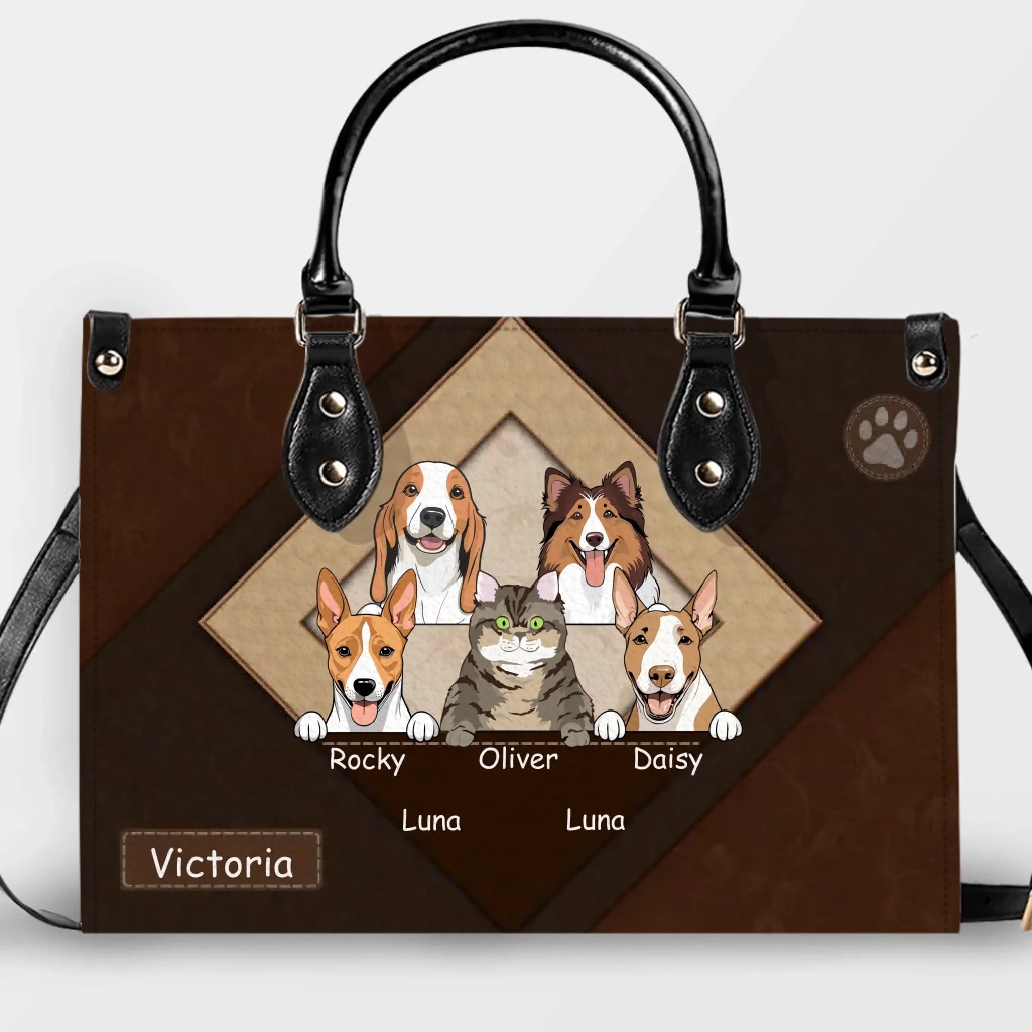 Geometric Frame Design Handbag - Custom Dog Illustration & Names - 89Prints
