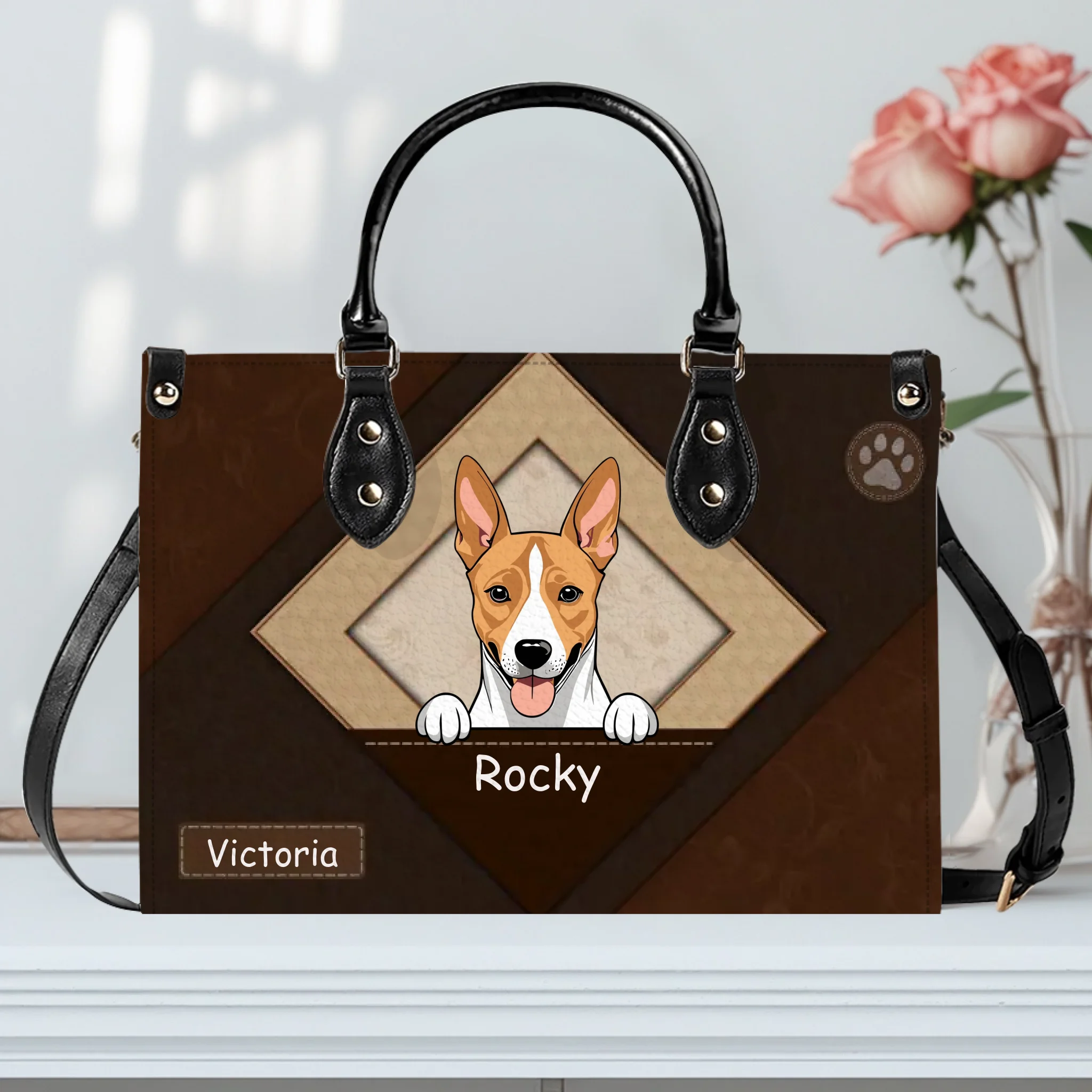 Geometric Frame Design Handbag - Custom Dog Illustration & Names - 89Prints