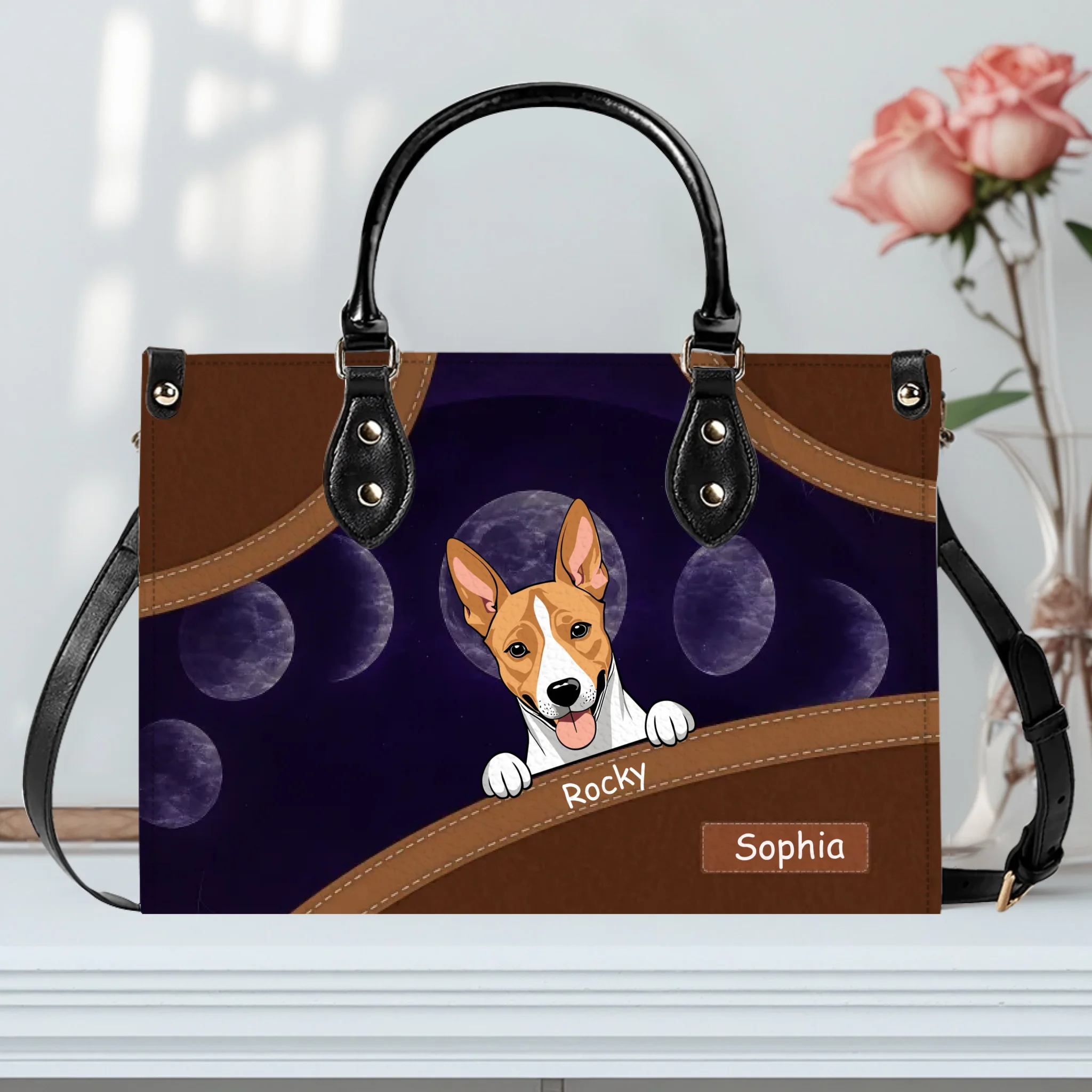 Moon Phase Leather Handbag – One-of-a-kind Pet Art & Name Customizable - 89Prints