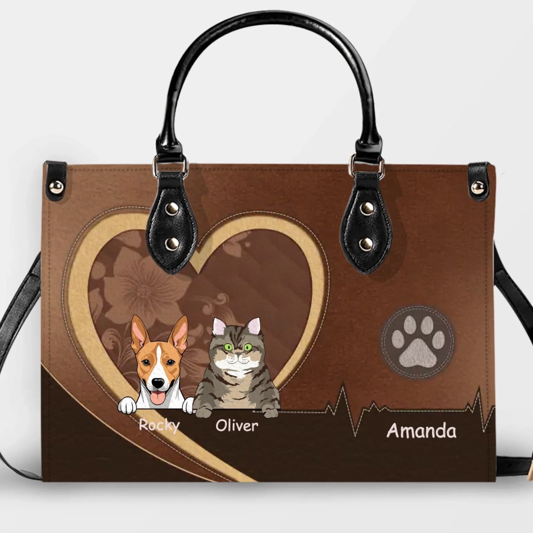 Heart Frame & Heartbeat Motif Handbag – Custom Dog Art & Names - 89Prints