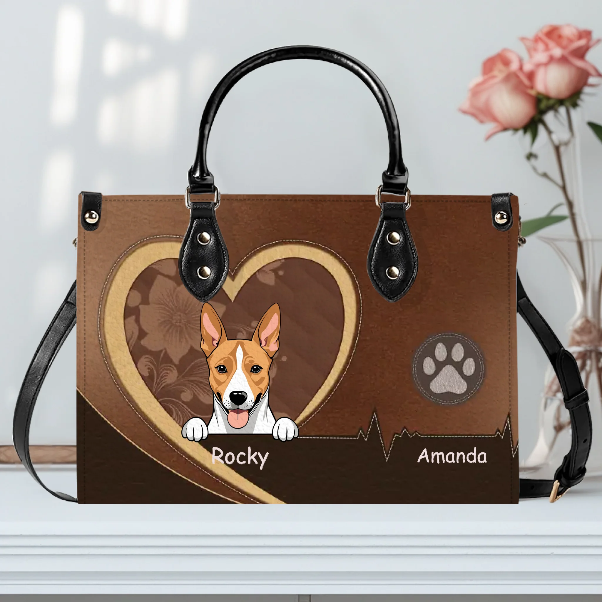 Heart Frame & Heartbeat Motif Handbag – Custom Dog Art & Names - 89Prints