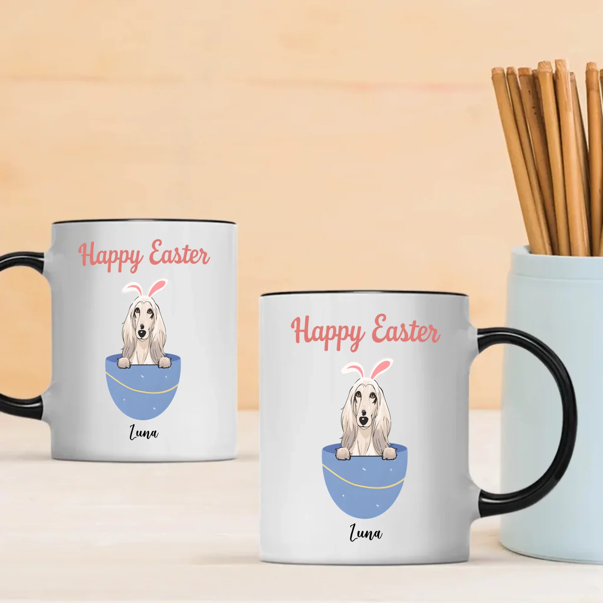 Personalized Happy Easter Dog Mug – Custom Pet Name Bunny Egg Gift - 89Prints