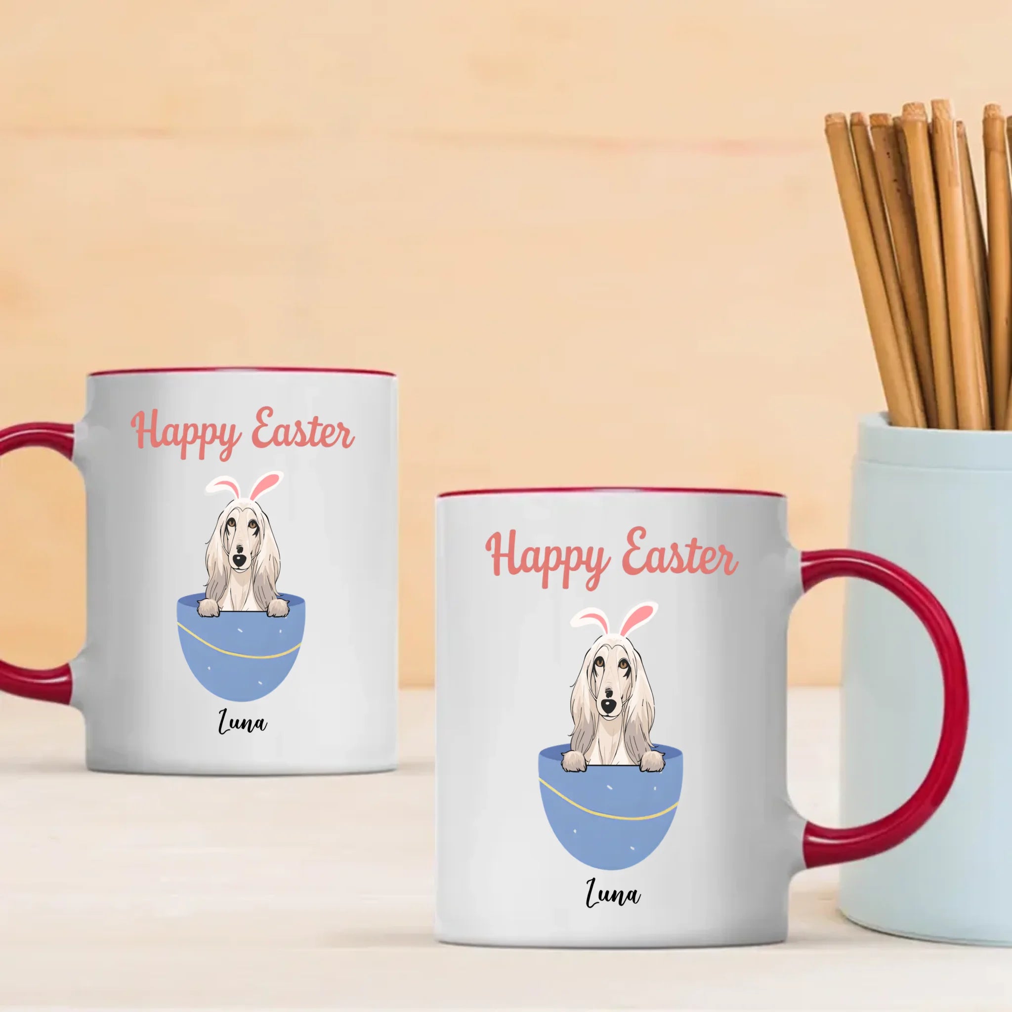 Personalized Happy Easter Dog Mug – Custom Pet Name Bunny Egg Gift - 89Prints