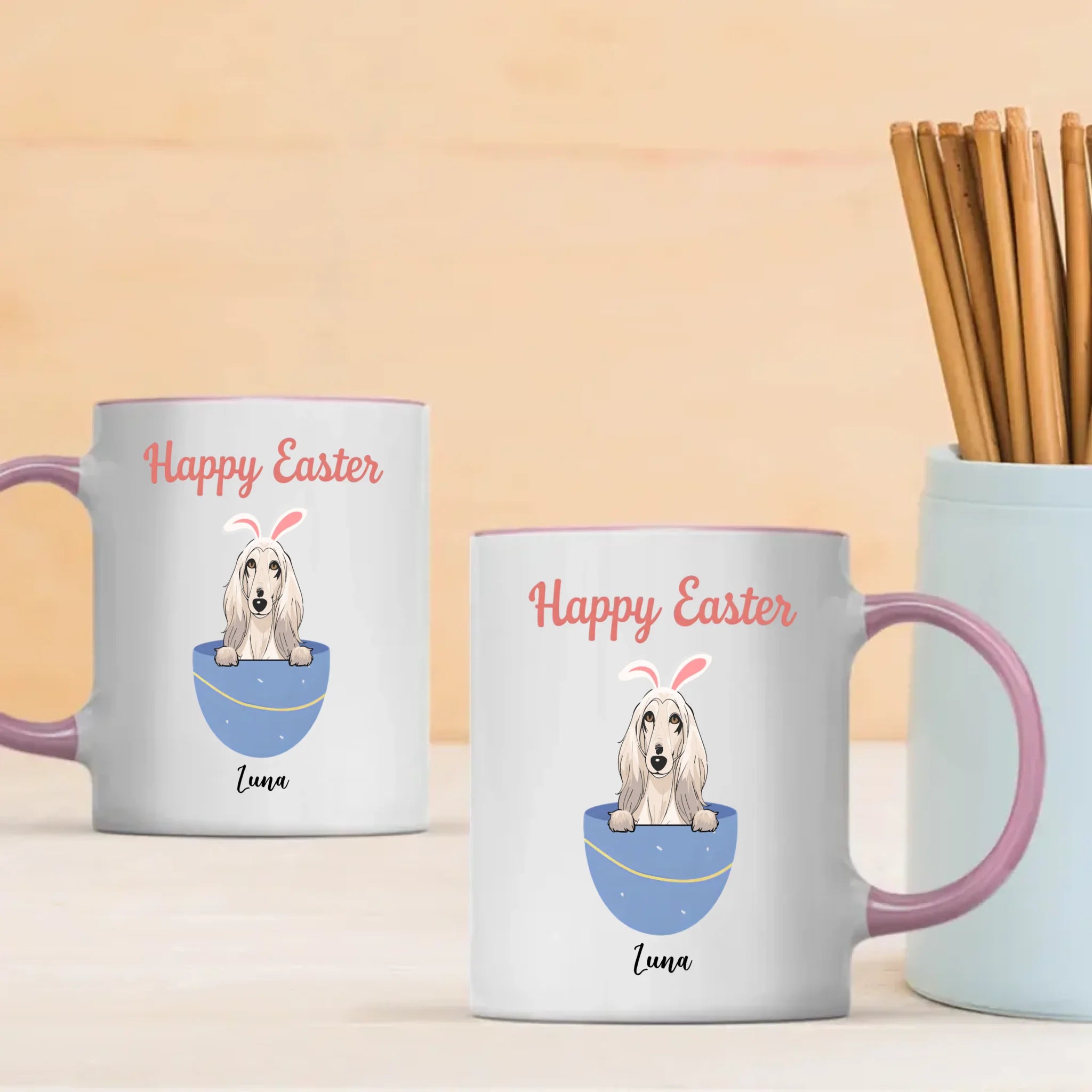 Personalized Happy Easter Dog Mug – Custom Pet Name Bunny Egg Gift - 89Prints
