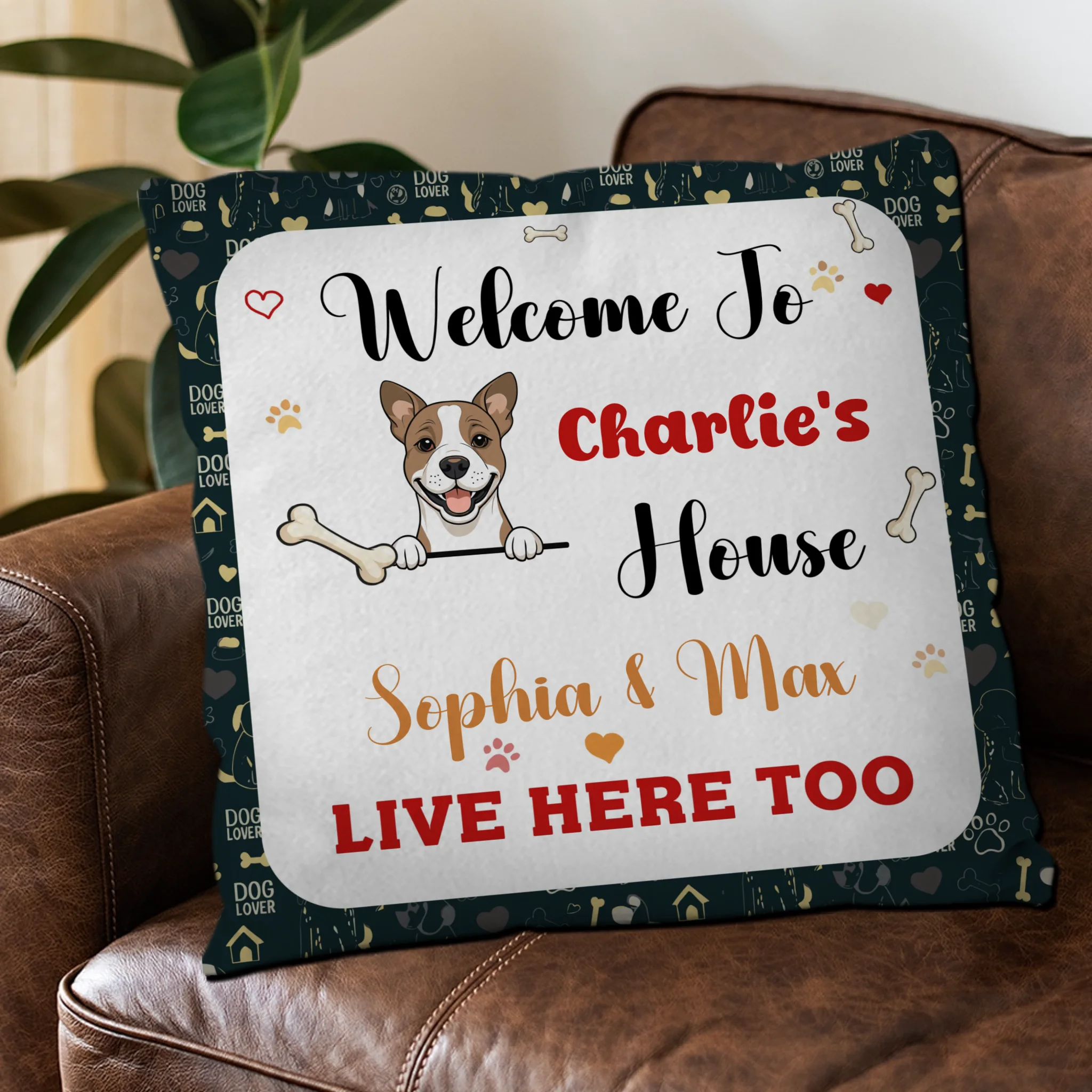 Welcome To Our House Dog Pillow – Bespoke Dog Illustration & Names, Perfect Gift - 89Prints