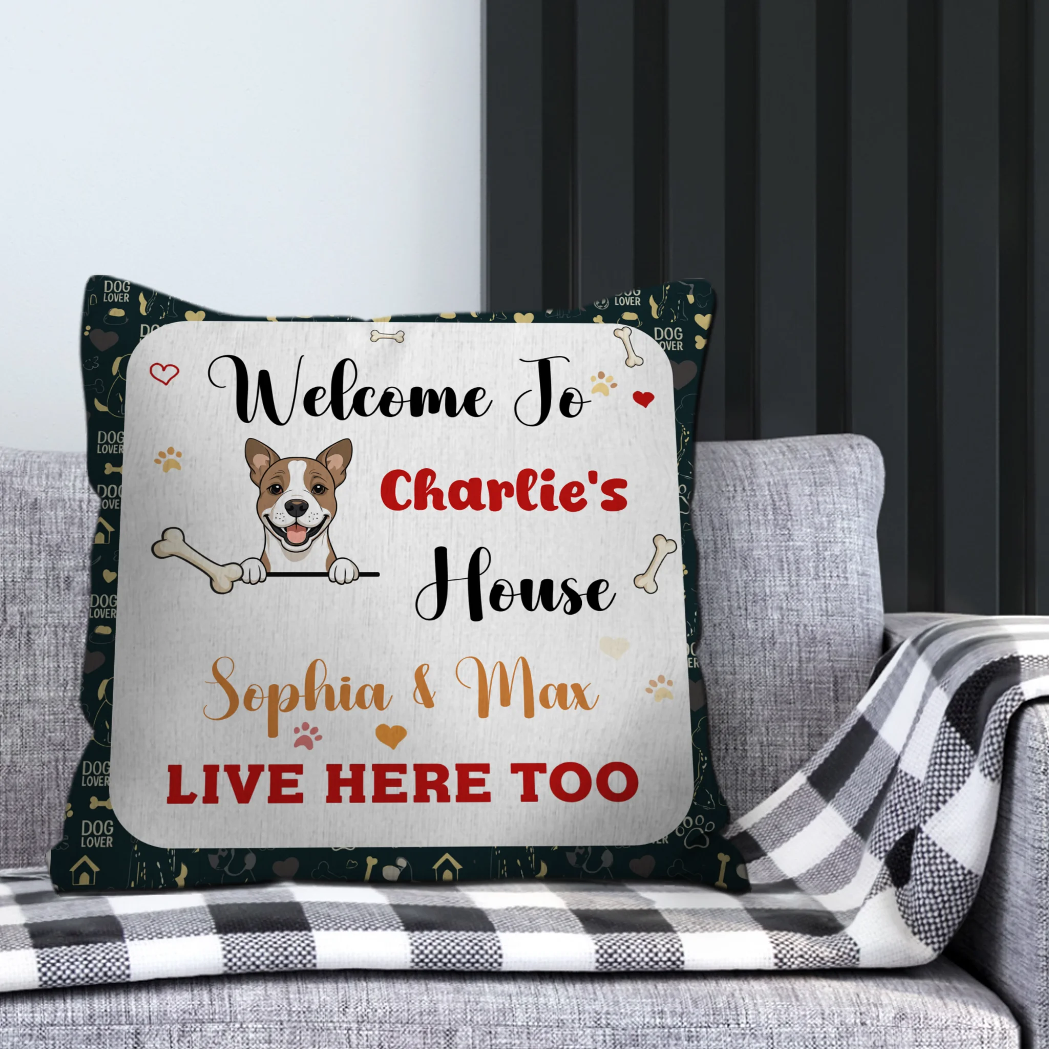 Welcome To Our House Dog Pillow – Bespoke Dog Illustration & Names, Perfect Gift - 89Prints