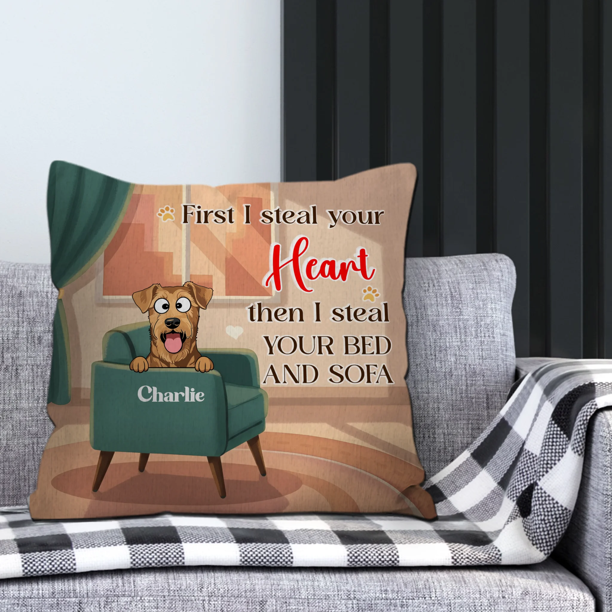 First I Steal Your Heart Then Your Bed Quote – Custom Dog Art & Name Pillow - 89Prints