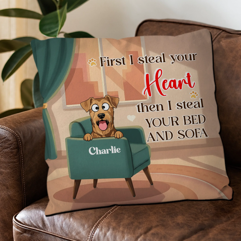 First I Steal Your Heart Then Your Bed Quote – Custom Dog Art & Name Pillow - 89Prints