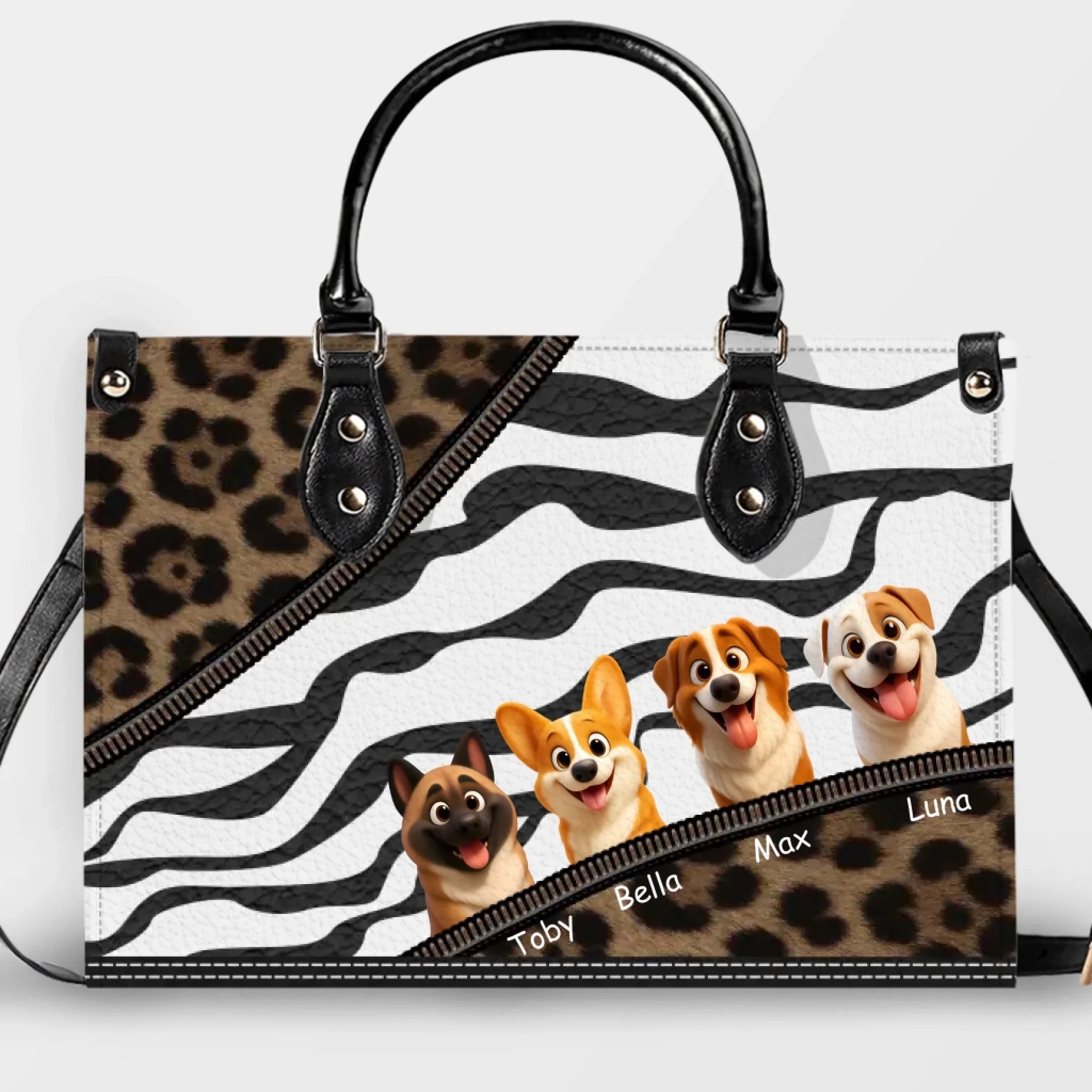 Leopard & Stripe Inspired Dog Peek Handbag – Personalized Dog Illustration - 89Prints
