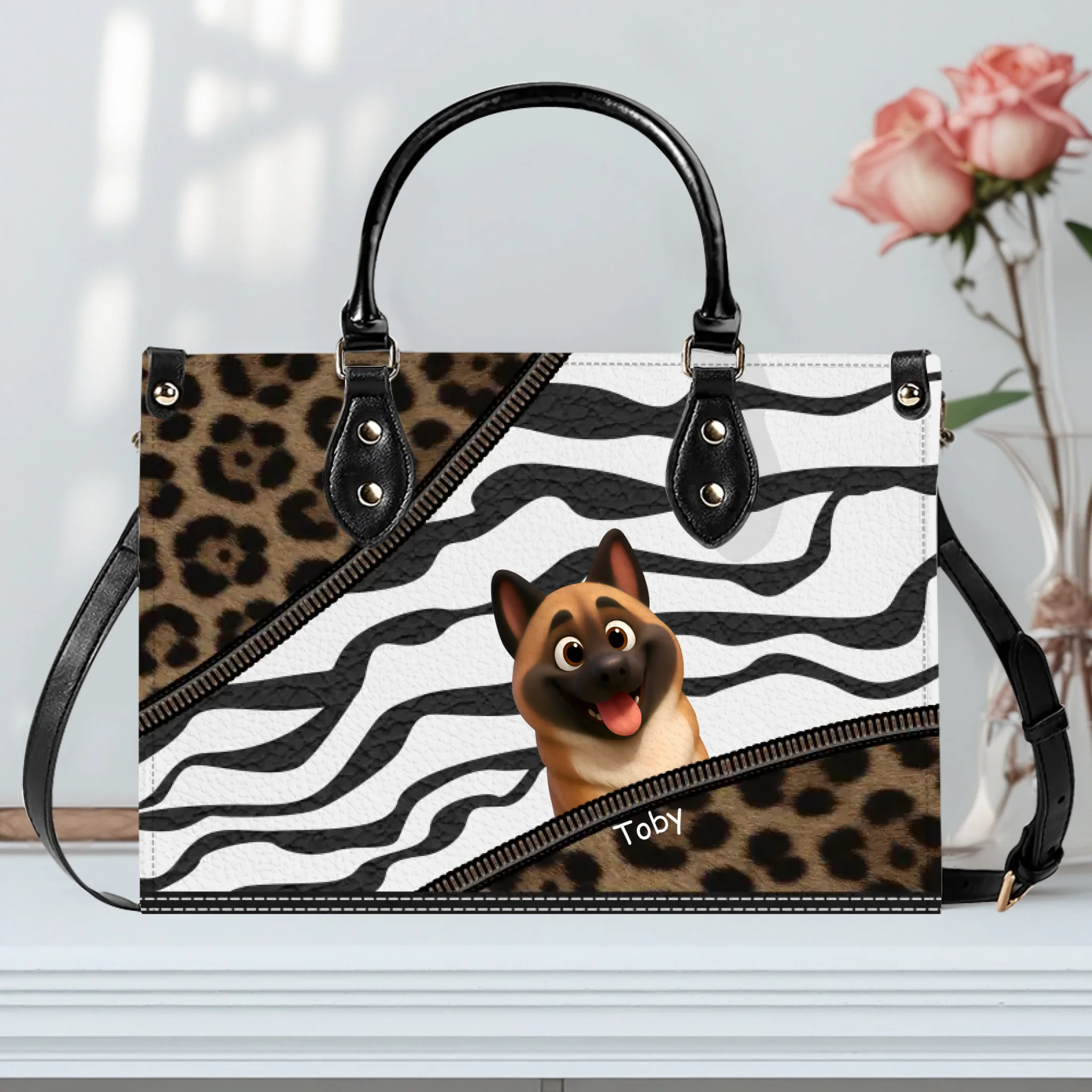 Leopard & Stripe Inspired Dog Peek Handbag – Personalized Dog Illustration - 89Prints